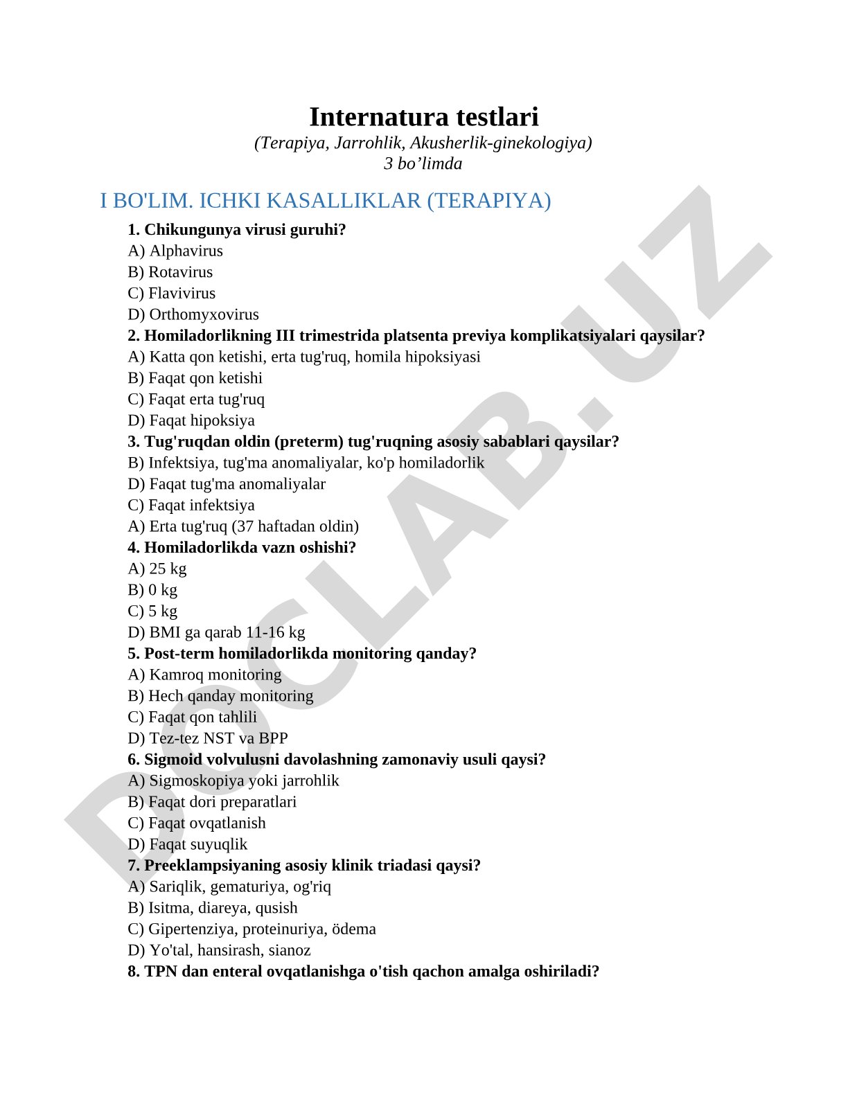 Internatura testlari (Terapiya, Jarrohlik, Akusherlik-ginekologiya)