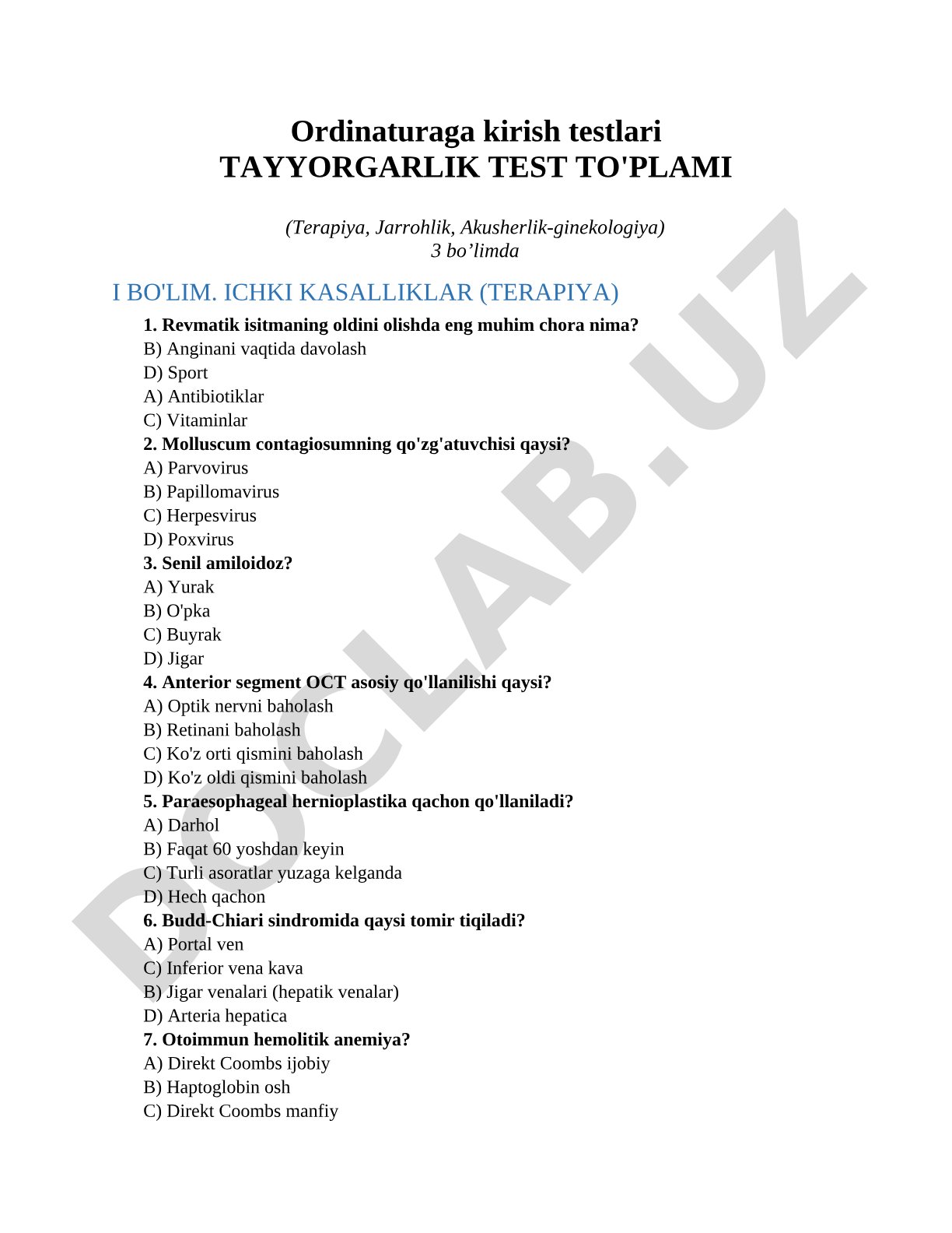 Ordinaturaga kirish testlari Tayyorgarlik test to'plami (Terapiya, Jarrohlik, Akusherlik-ginekologiya)