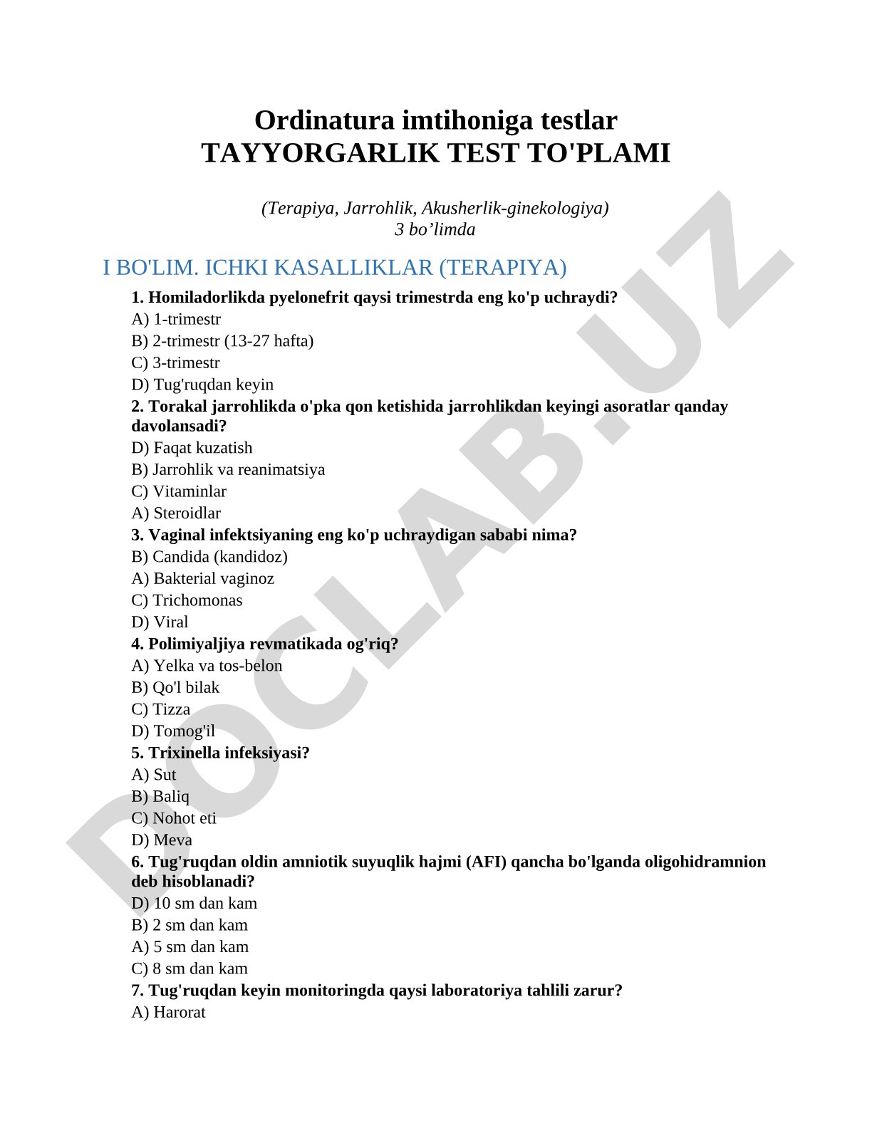 Ordinatura imtihoniga testlar tayyorgarlik test to'plami