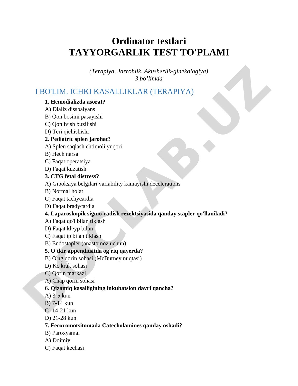 Ordinator testlari Tayyorgarlik test to'plami (Terapiya, Jarrohlik, Akusherlik-ginekologiya)