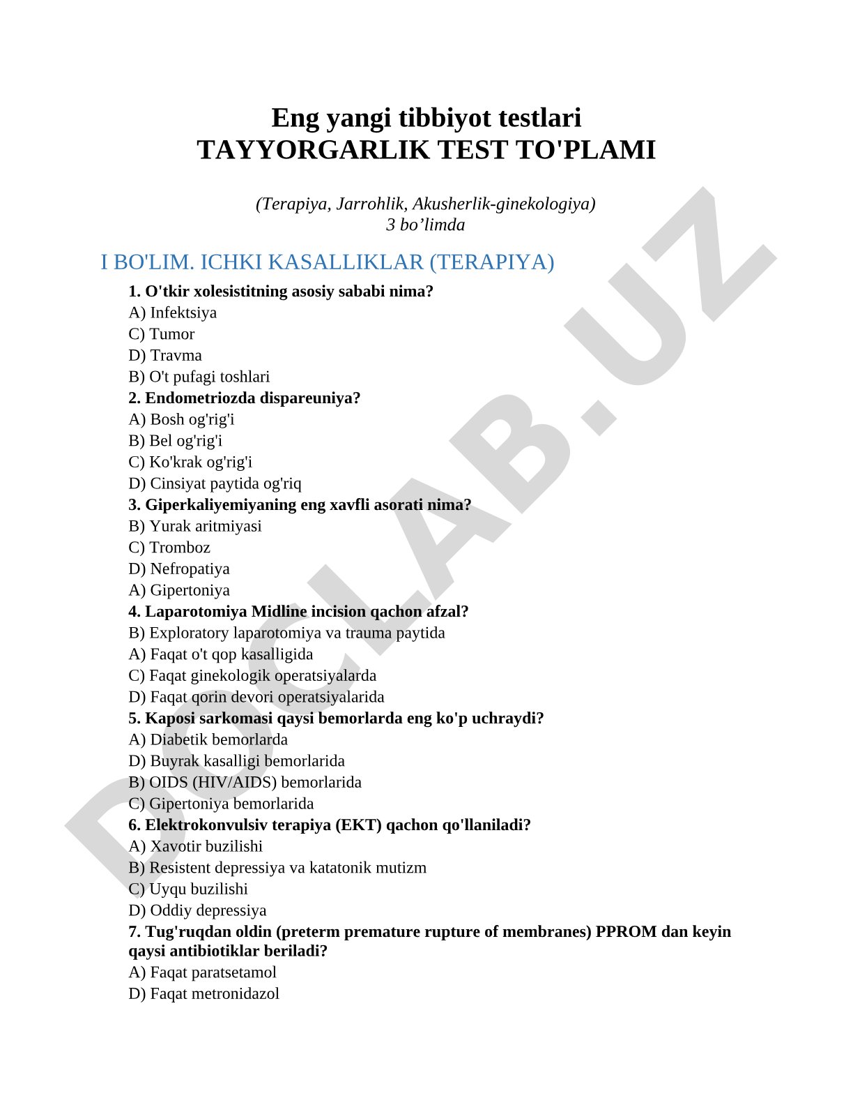 Eng yangi tibbiyot testlari Tayyorgarlik test to'plami (Terapiya, Jarrohlik, Akusherlik-ginekologiya)