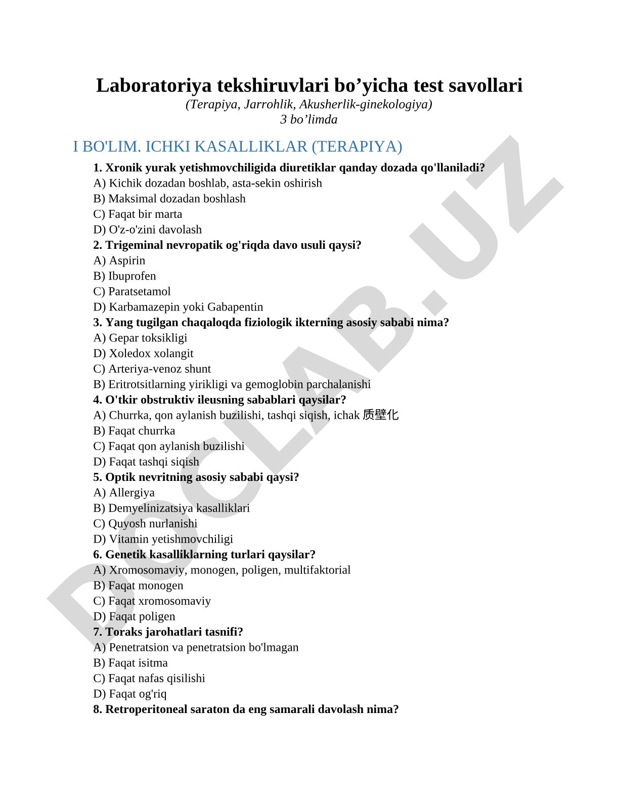 Laboratoriya tekshiruvlari bo’yicha test savollari (Terapiya, Jarrohlik, Akusherlik-ginekologiya)