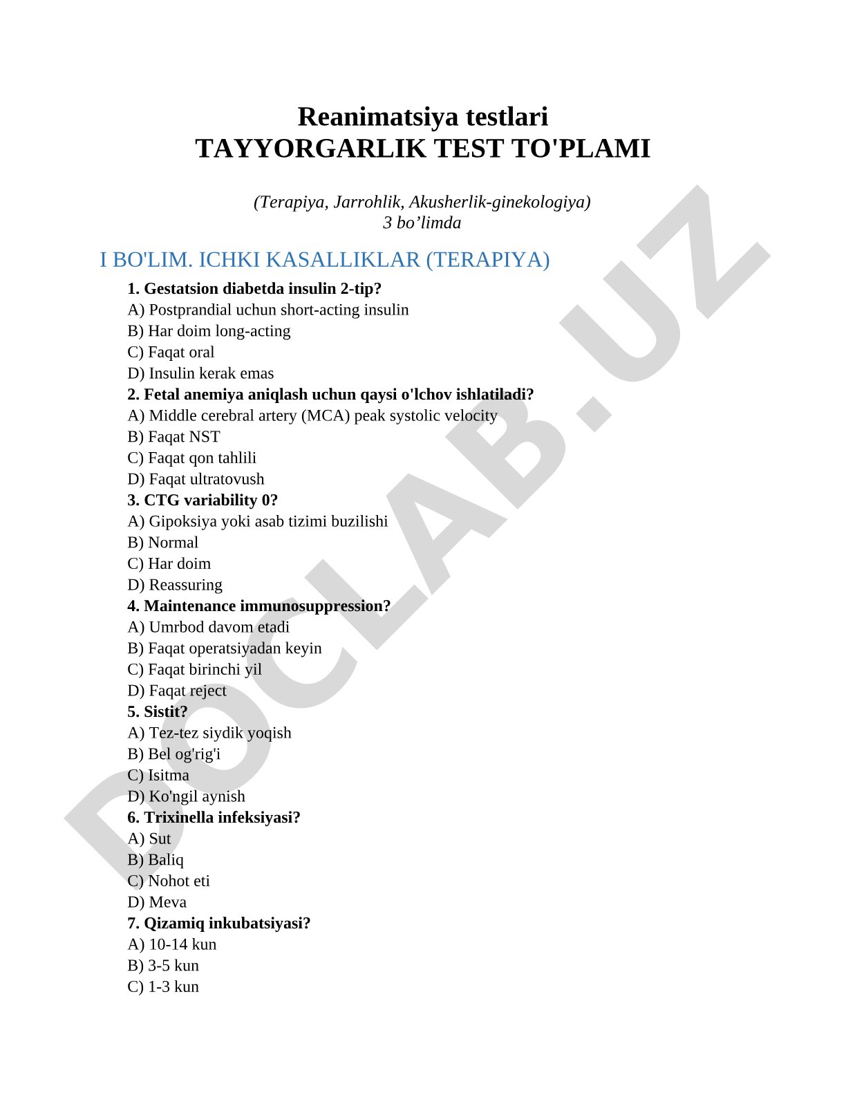 Reanimatsiya testlari tayyorgarlik test to'plami (terapiya, jarrohlik, akusherlik-ginekologiya)