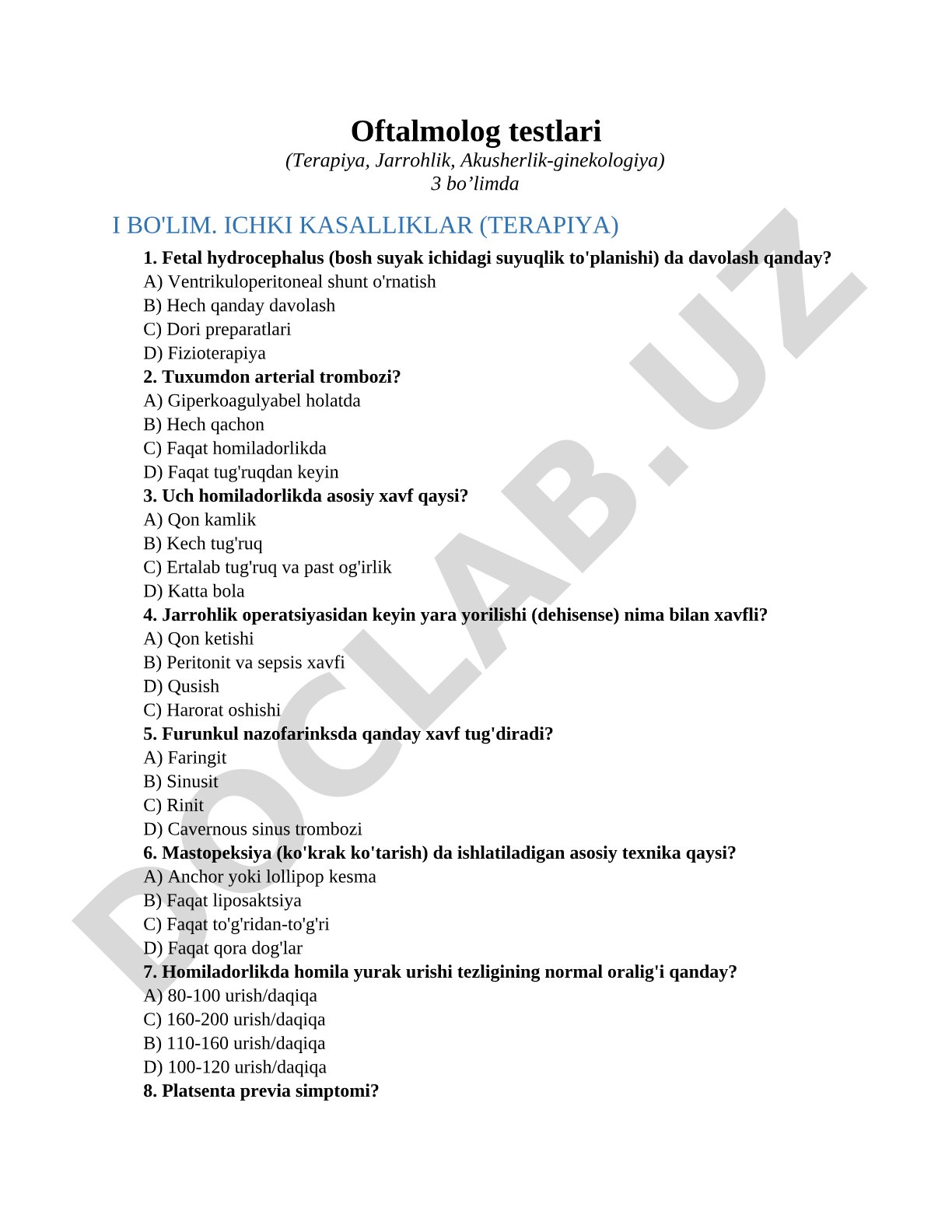 Oftalmolog testlari (Terapiya, Jarrohlik, Akusherlik-ginekologiya)