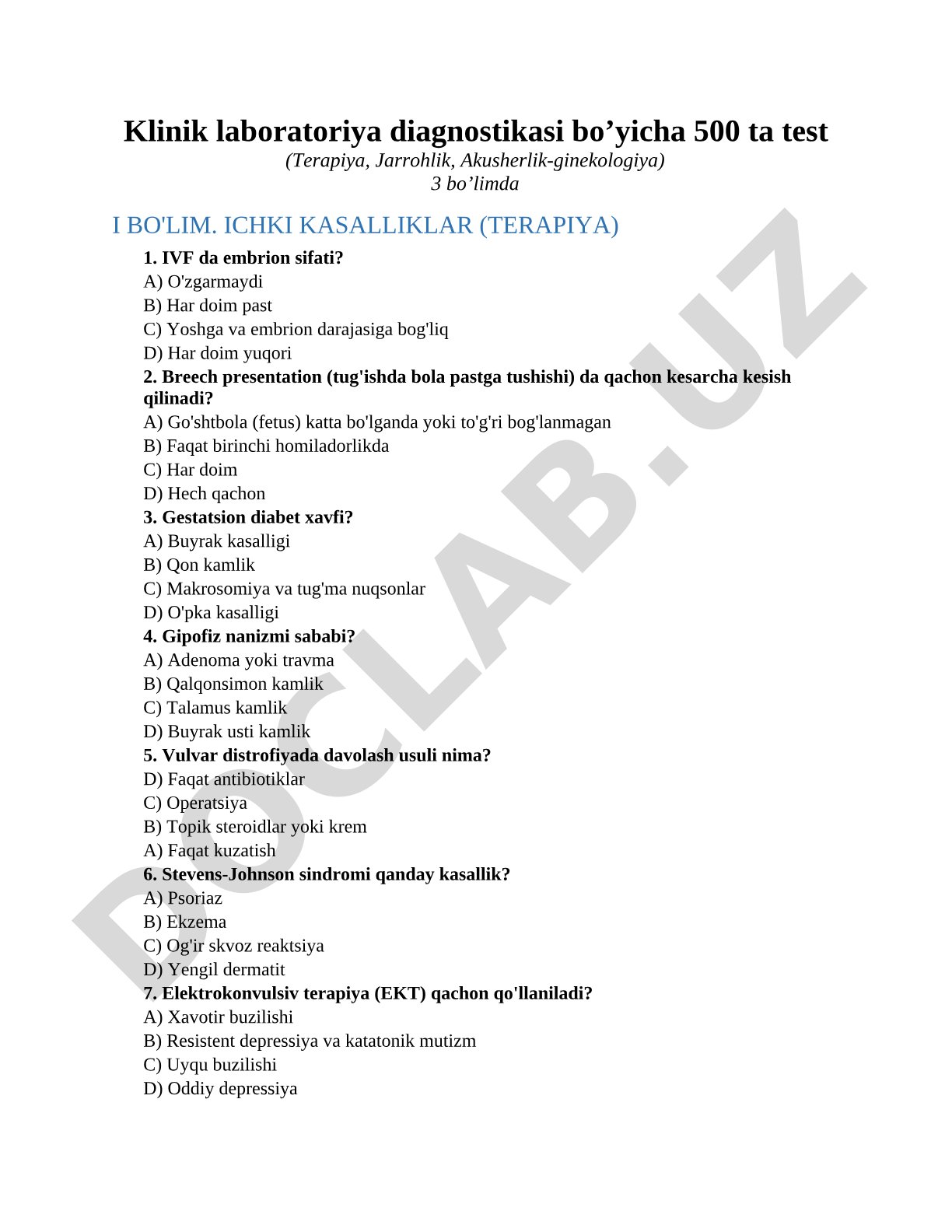 Klinik laboratoriya diagnostikasi bo’yicha 500 ta test