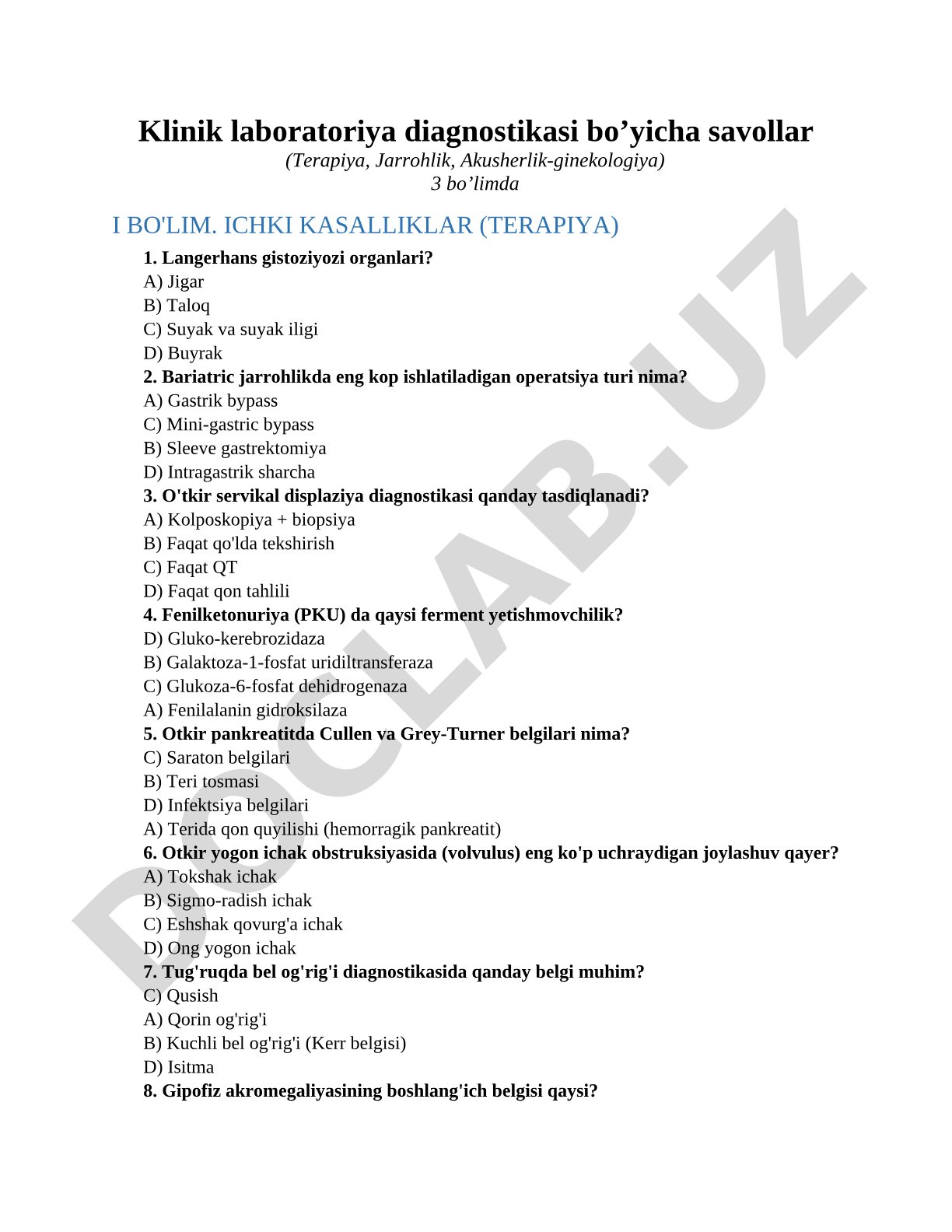 Klinik laboratoriya diagnostikasi bo'yicha savollar (Terapiya, Jarrohlik, Akusherlik-ginekologiya) 3 bo'limda