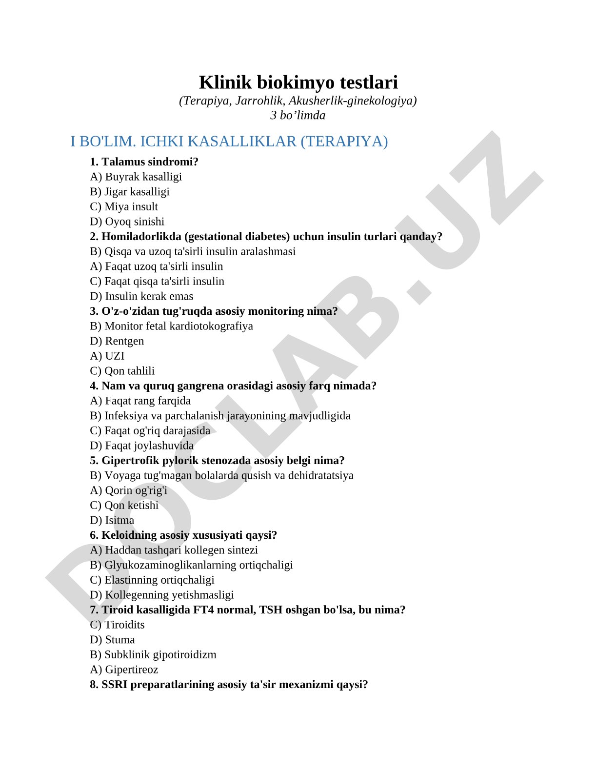Klinik biokimyo testlari (Terapiya, Jarrohlik, Akusherlik-ginekologiya)