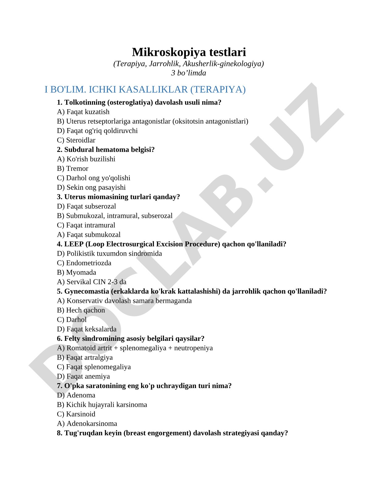 Mikroskopiya testlari (Terapiya, Jarrohlik, Akusherlik-ginekologiya)