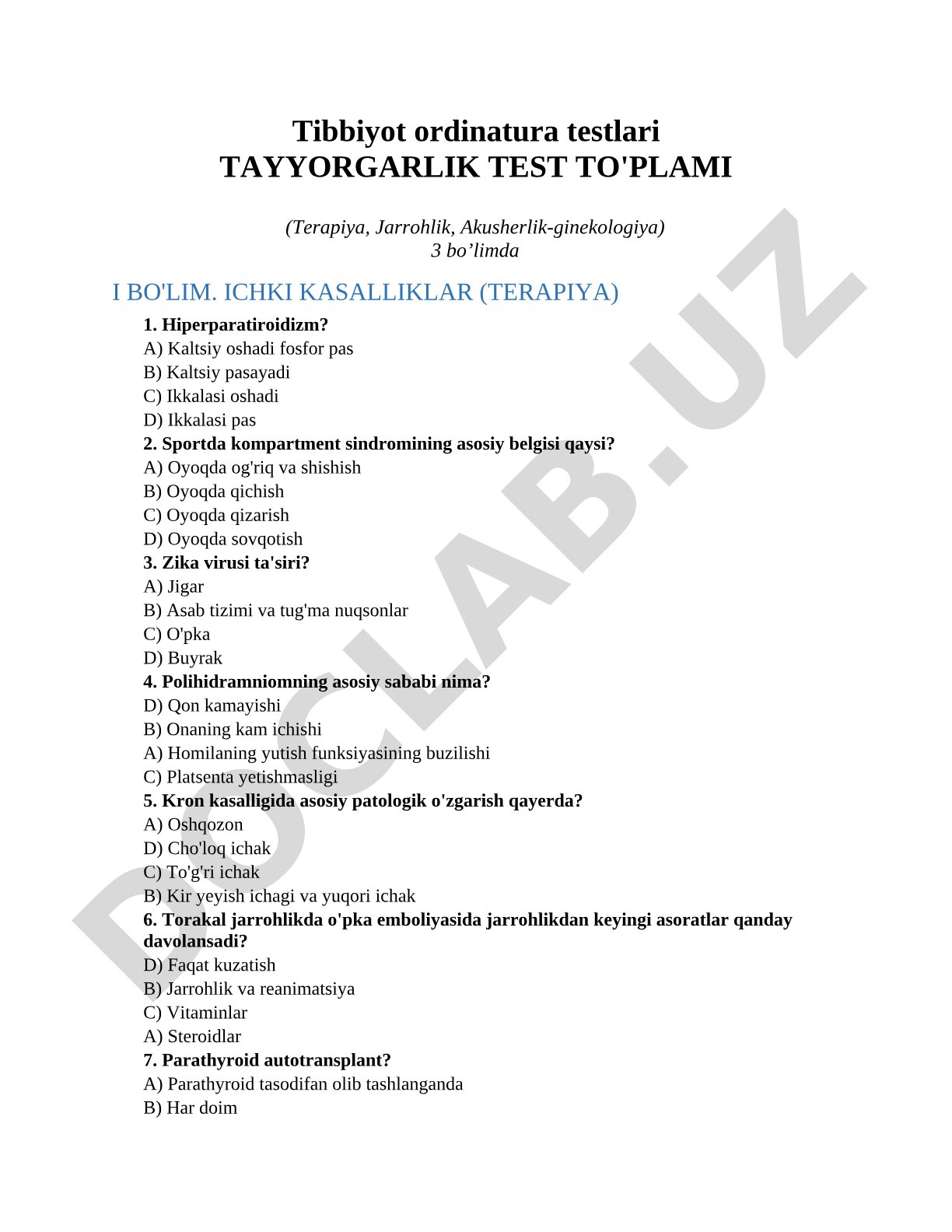 Tibbiyot ordinatura testlari tayyorgarlik test to'plami (Terapiya, Jarrohlik, Akusherlik-ginekologiya)