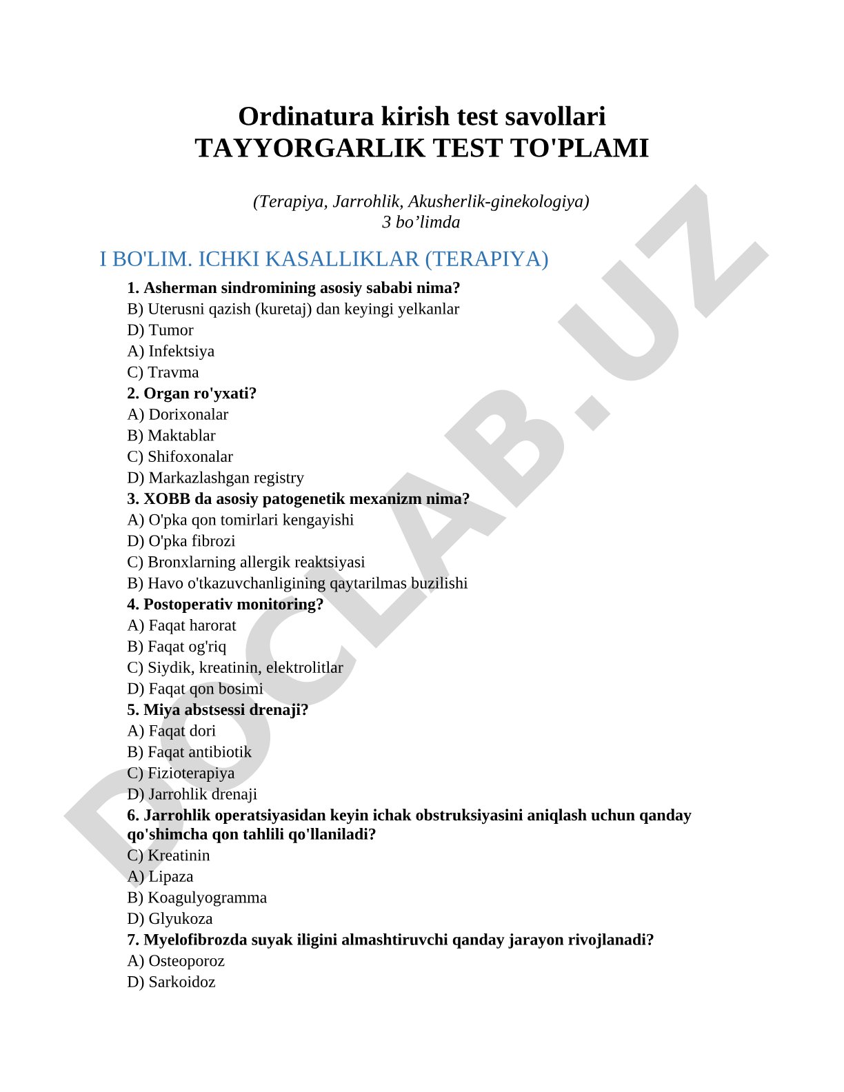 Ordinatura kirish test savollari Tayyorgarlik test to'plami (Terapiya, Jarrohlik, Akusherlik-ginekologiya)