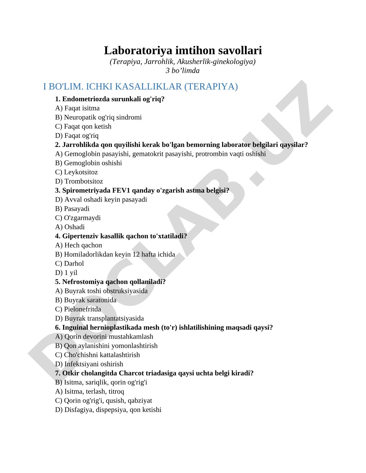 Laboratoriya imtihon savollari (Terapiya, Jarrohlik, Akusherlik-ginekologiya)