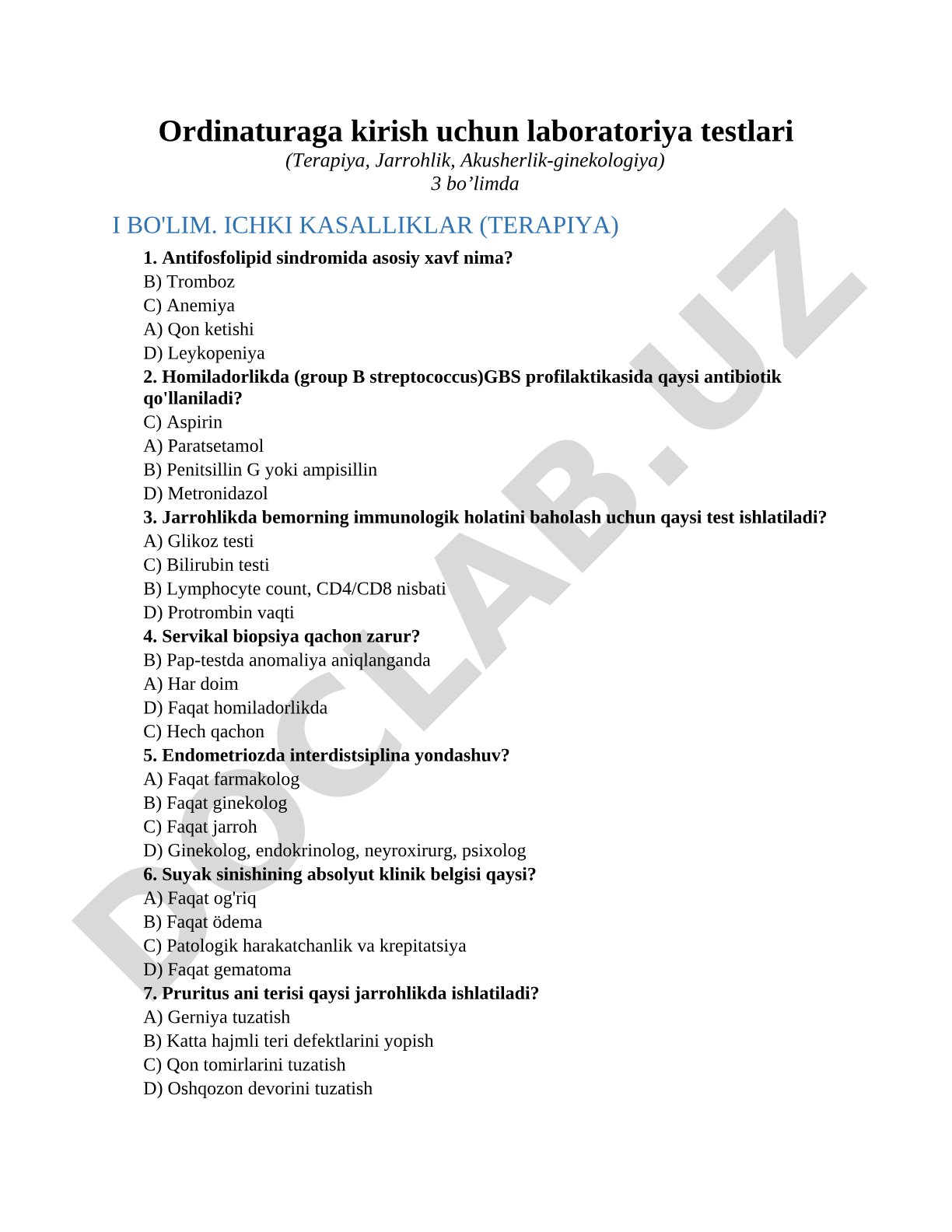 Ordinaturaga kirish uchun laboratoriya testlari (Terapiya, Jarrohlik, Akusherlik-ginekologiya)