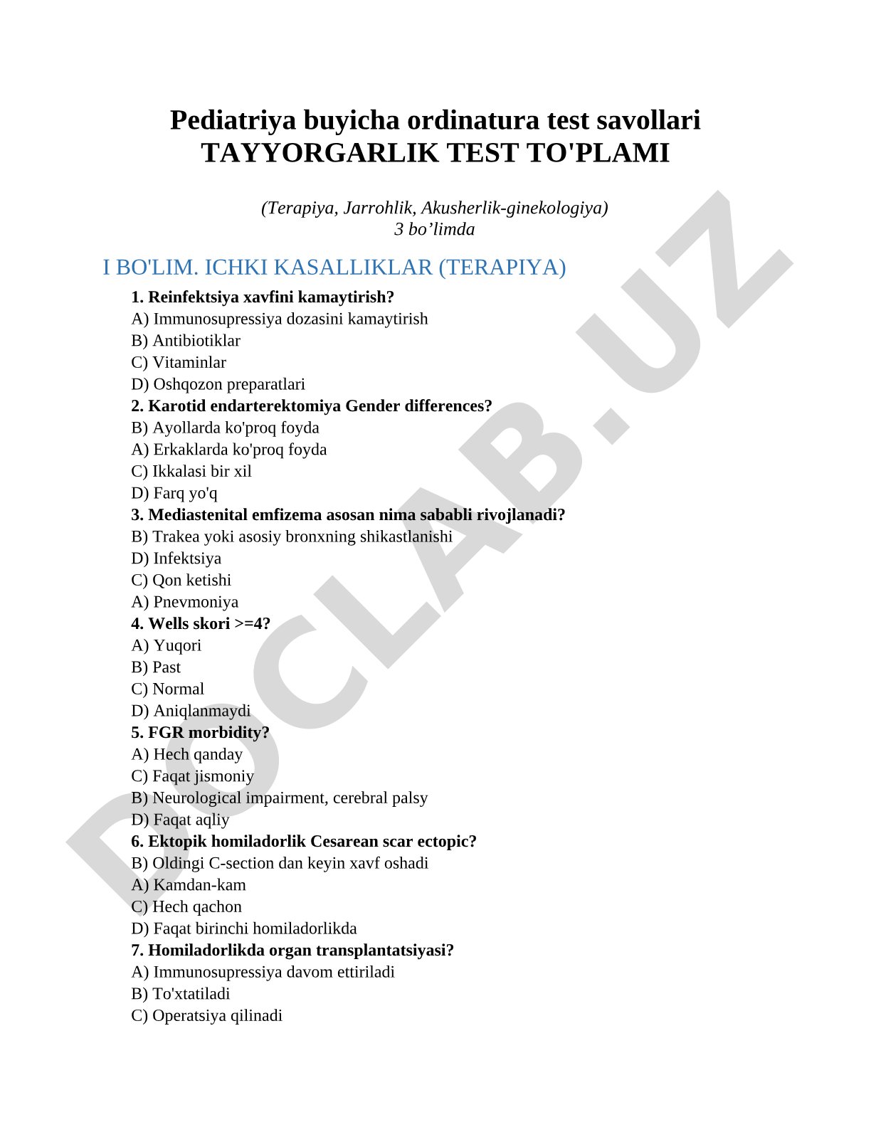 Pediatriya buyicha ordinatura test savollari