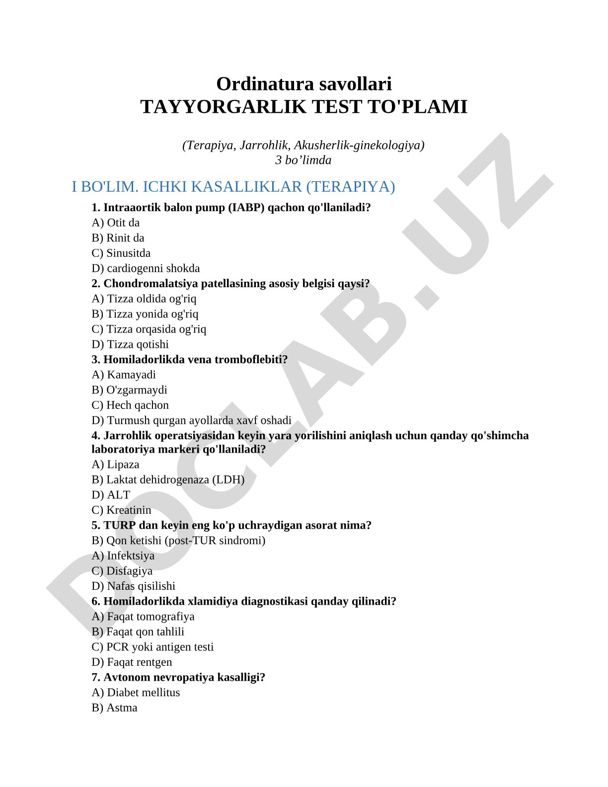 Ordinatura savollari tayyorgarlik test to'plami (Terapiya, Jarrohlik, Akusherlik-ginekologiya)