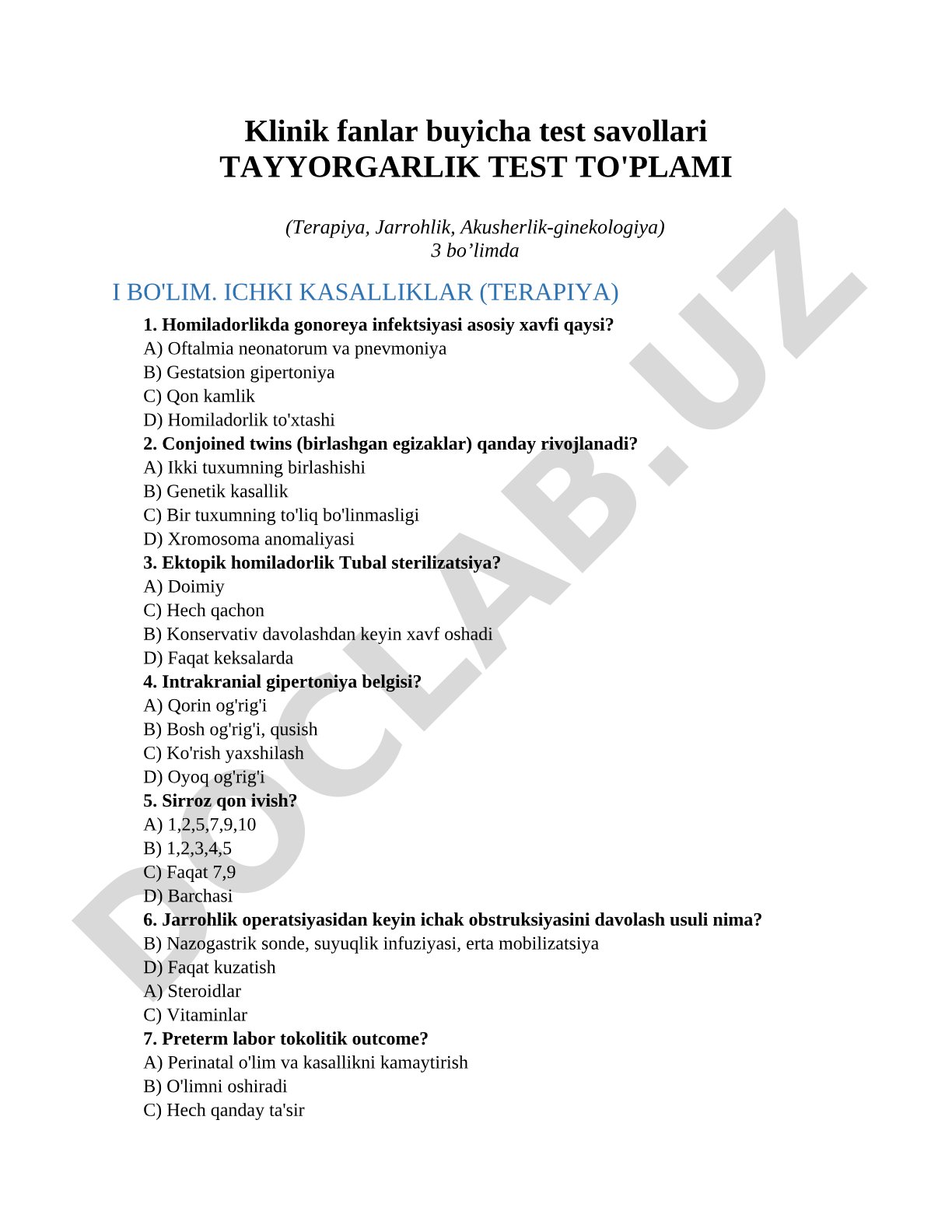 Klinik fanlar buyicha test savollari (Terapiya, Jarrohlik, Akusherlik-ginekologiya)
