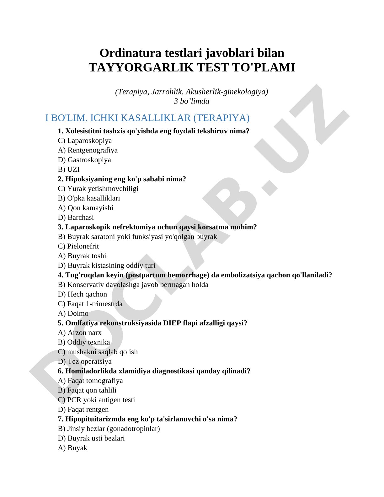 Ordinatura testlari javoblari bilan TAYYORGARLIK TEST TO'PLAMI (Terapiya, Jarrohlik, Akusherlik-ginekologiya)