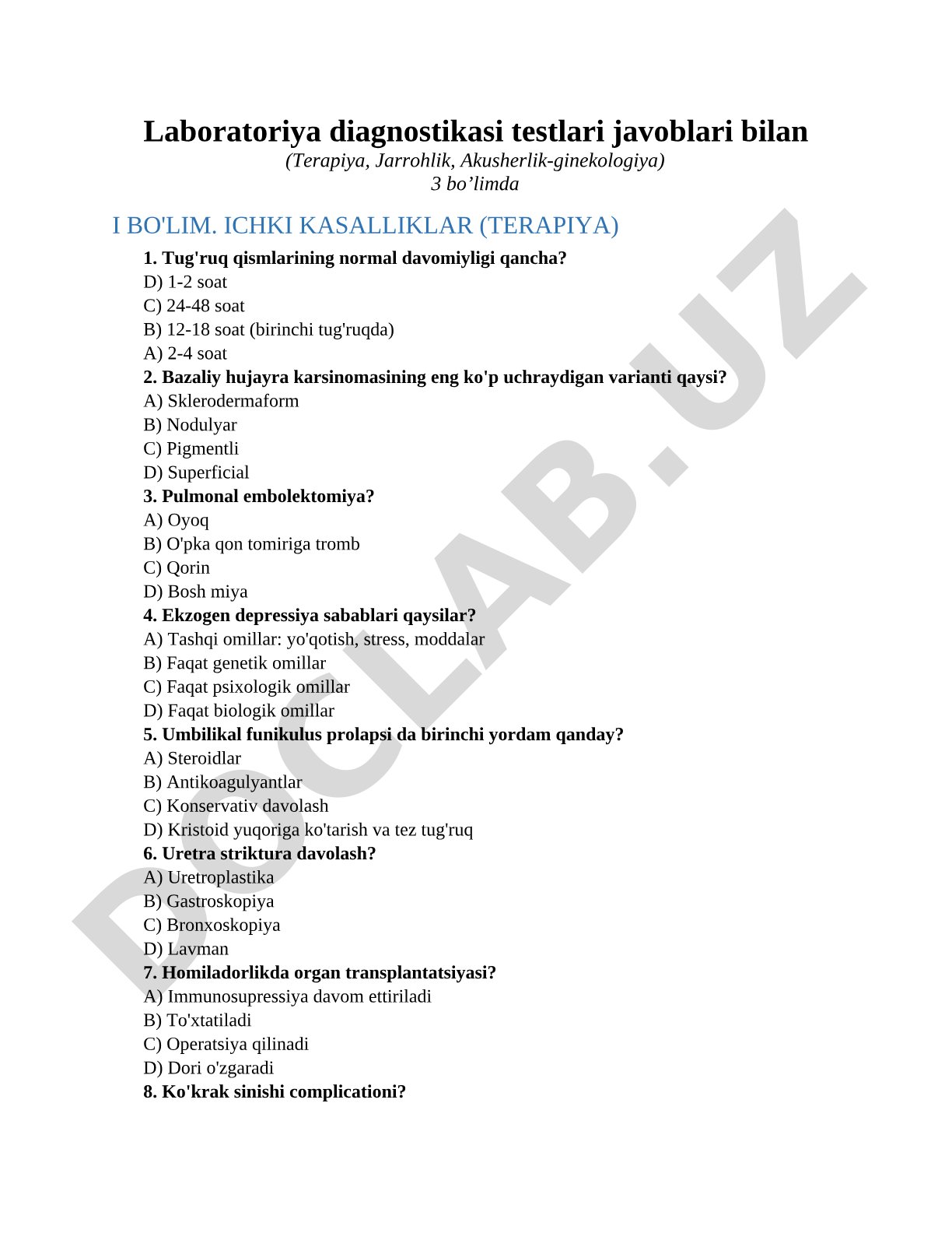 Laboratoriya diagnostikasi testlari javoblari bilan (Terapiya, Jarrohlik, Akusherlik-ginekologiya)