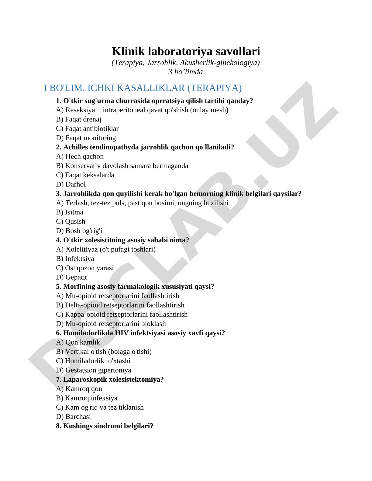 Klinik laboratoriya savollari (Terapiya, Jarrohlik, Akusherlik-ginekologiya)