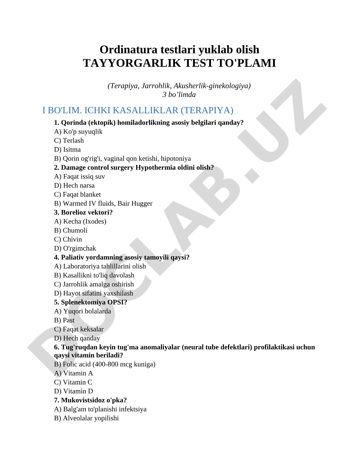 Tayyorgarlik test to'plami (Terapiya, Jarrohlik, Akusherlik-ginekologiya)