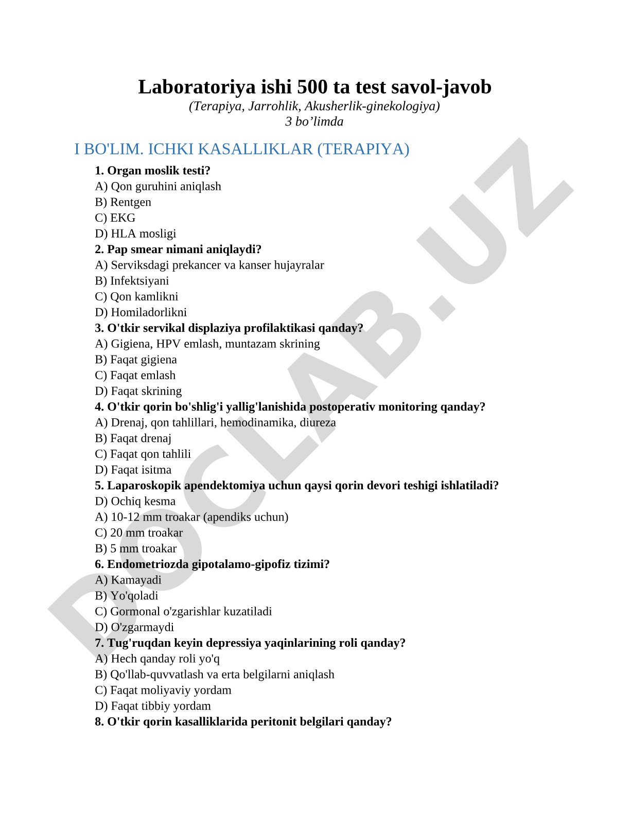 Laboratoriya ishi 500 ta test savol-javob (Terapiya, Jarrohlik, Akusherlik-ginekologiya)3 bo’limda