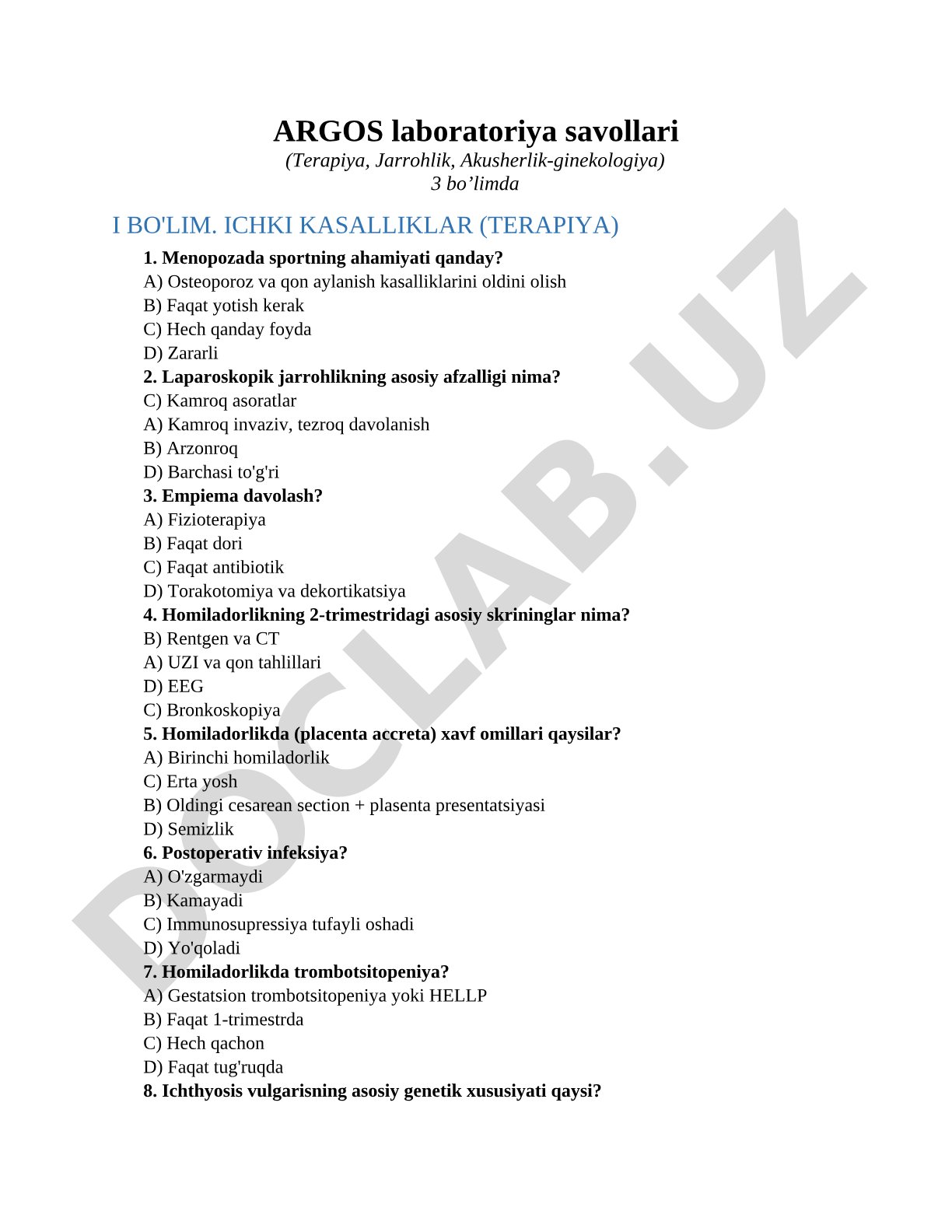 ARGOS laboratoriya savollari (Terapiya, Jarrohlik, Akusherlik-ginekologiya)