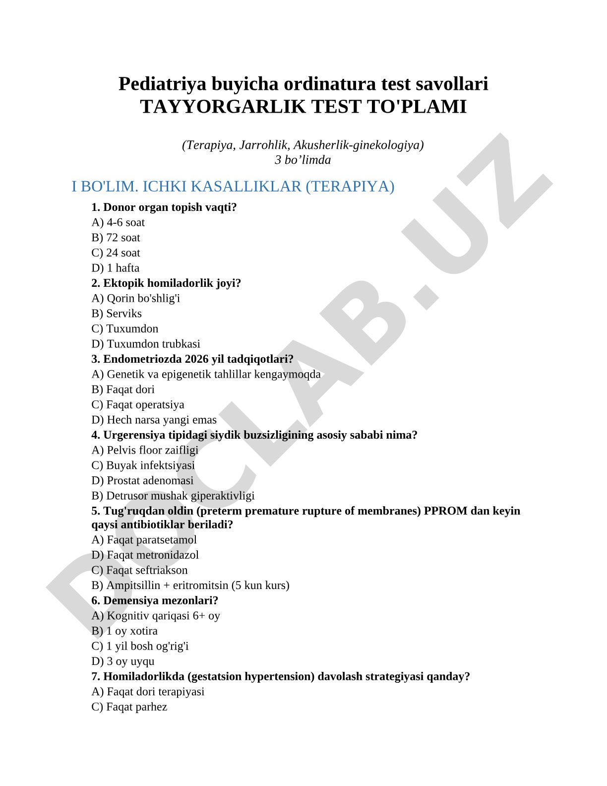 Pediatriya buyicha ordinatura test savollari