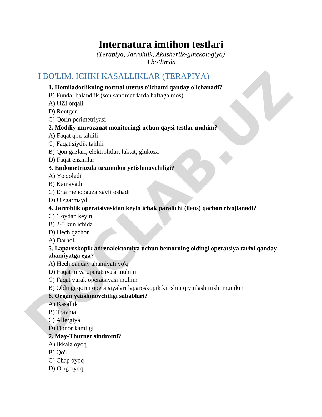 Internatura imtihon testlari (Terapiya, Jarrohlik, Akusherlik-ginekologiya)