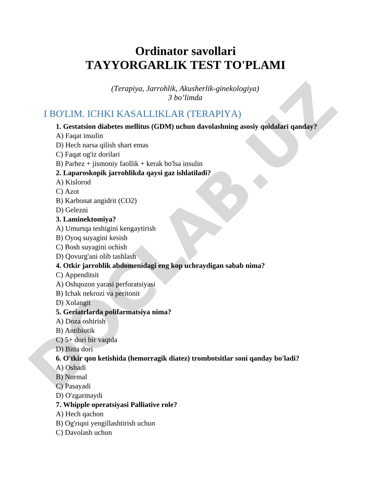 Ordinator savollari TAYYORGARLIK TEST TO'PLAMI (Terapiya, Jarrohlik, Akusherlik-ginekologiya)3 bo’li