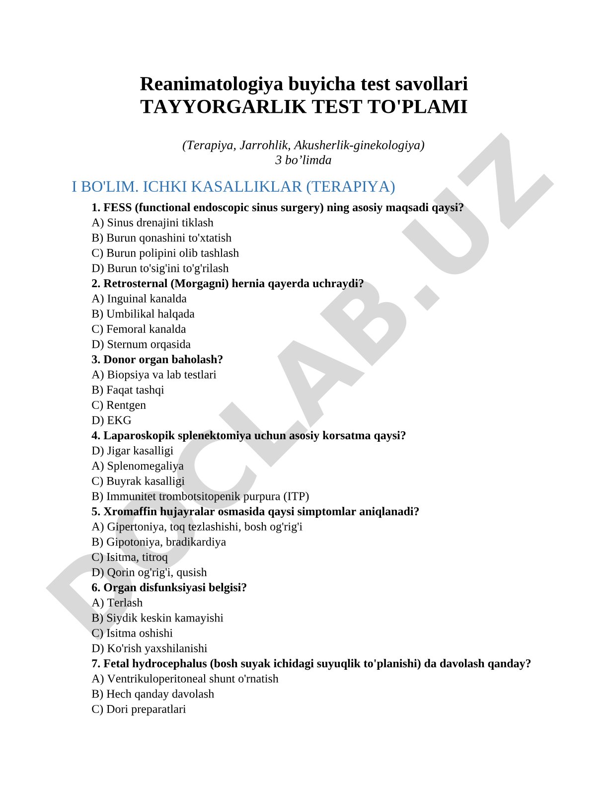 Reanimatologiya buyicha test savollari