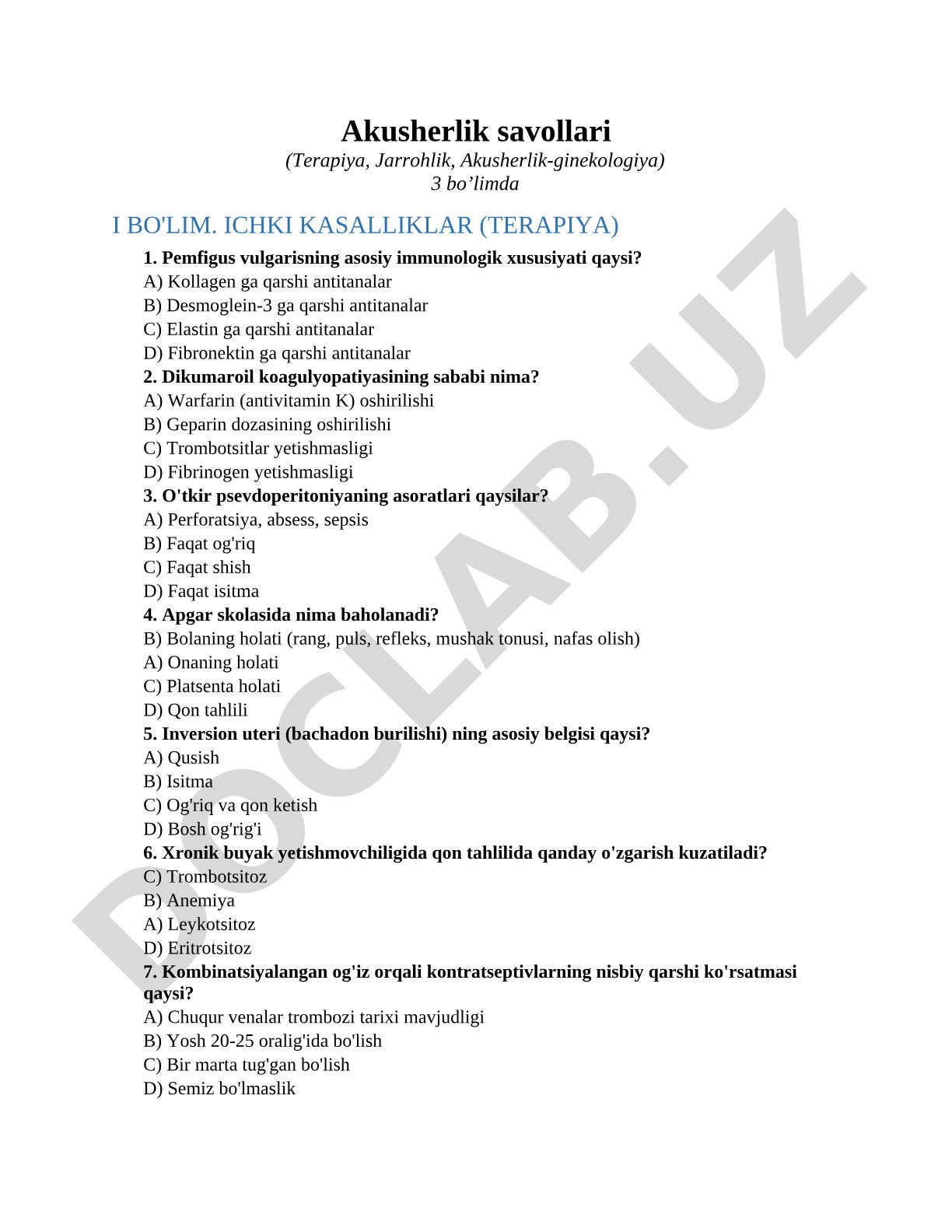 Akusherlik savollari (Terapiya, Jarrohlik, Akusherlik-ginekologiya)