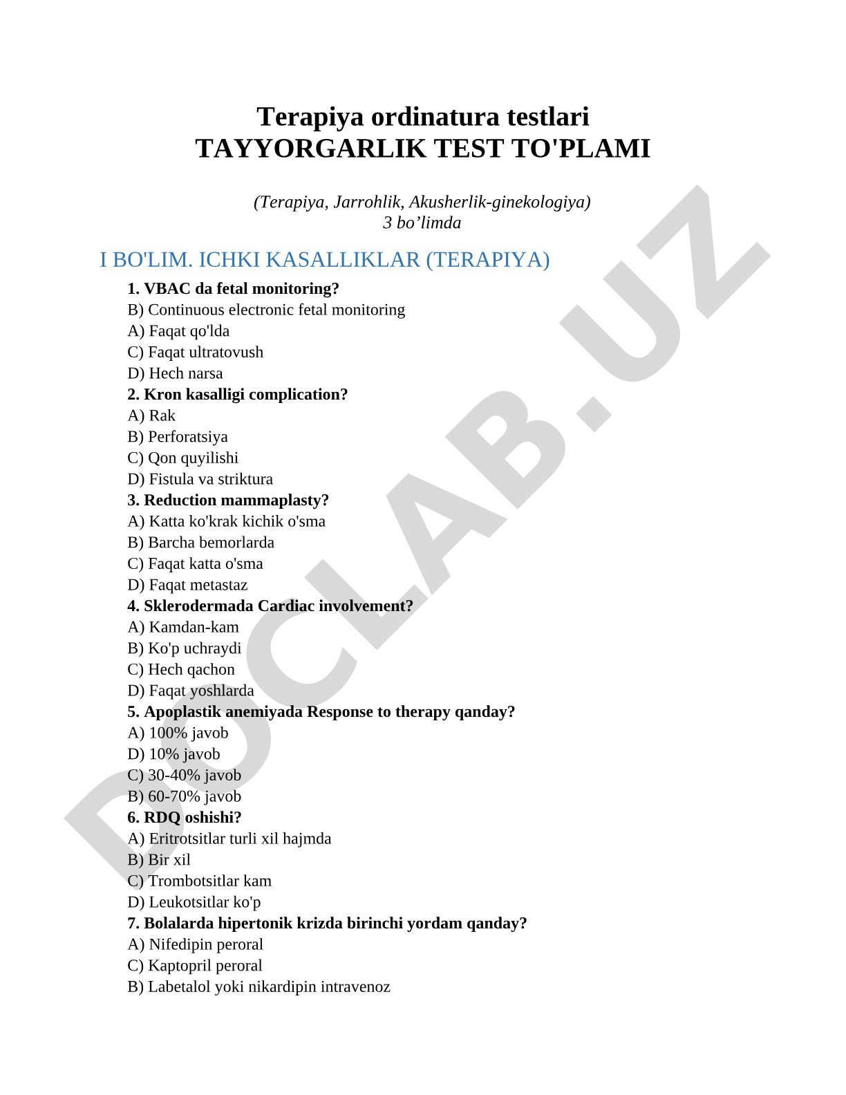Terapiya ordinatura testlari Tayyorgarlik Test To'plami (Terapiya, Jarrohlik, Akusherlik-ginekologiya)