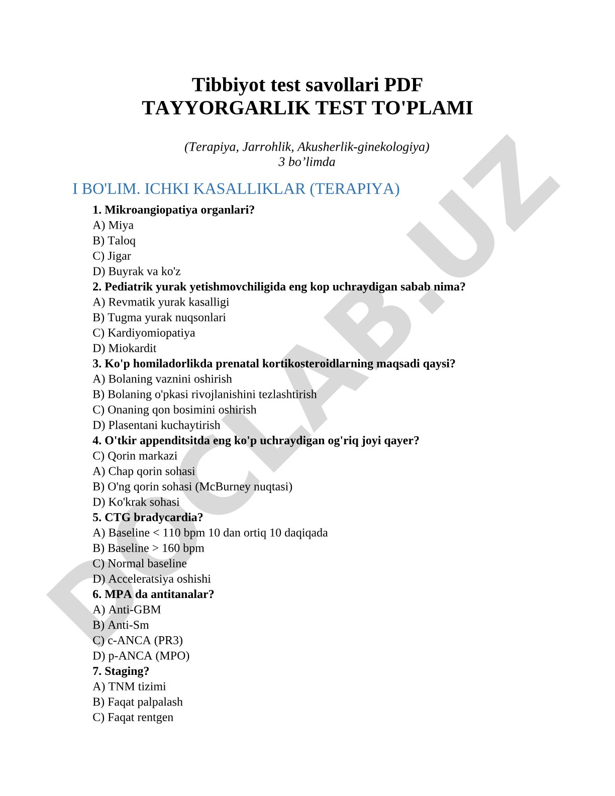 Tibbiyot test savollari PDF tayyorgarlik test to'plami (Terapiya, Jarrohlik, Akusherlik-ginekologiya)