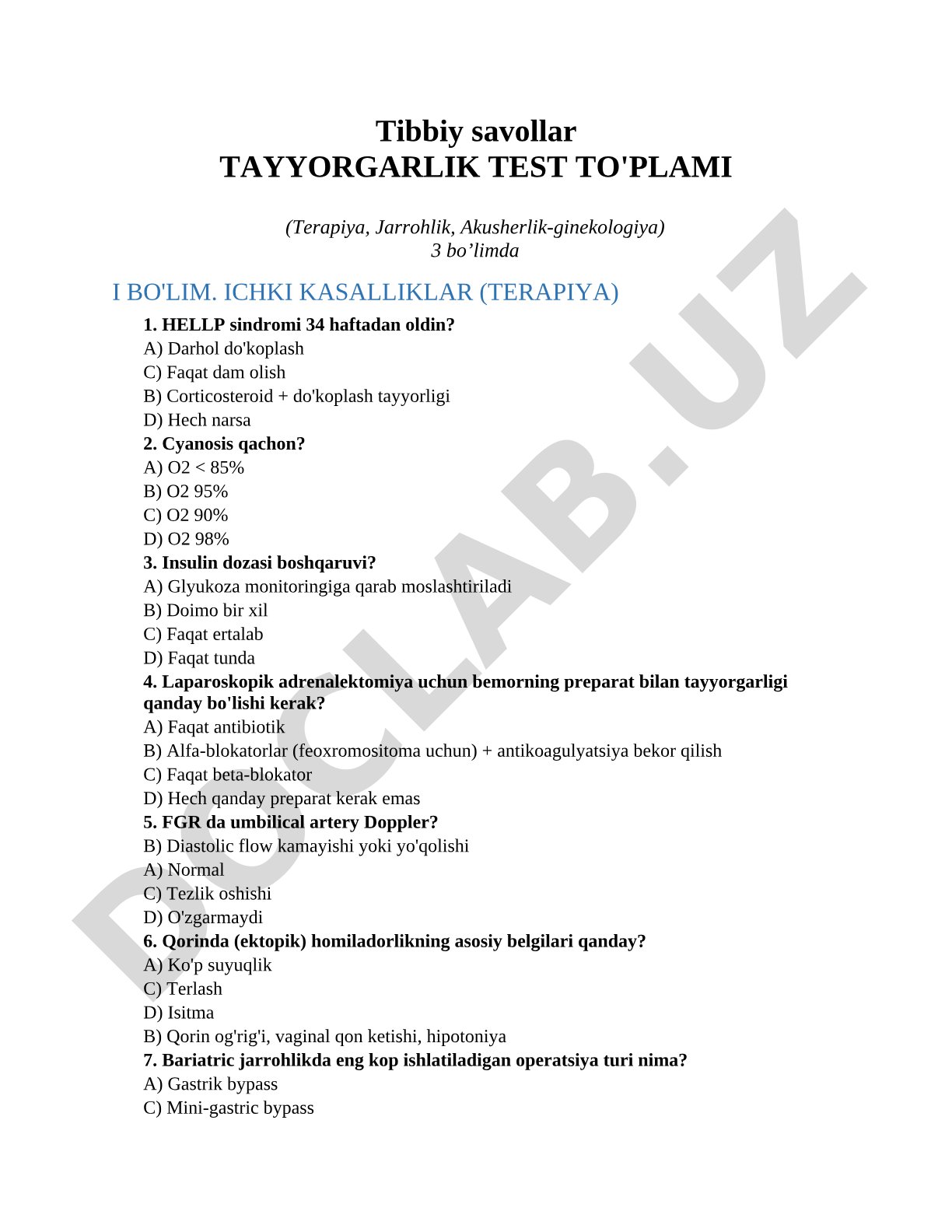 Tibbiy savollar Tayyorgarlik test to'plami (Terapiya, Jarrohlik, Akusherlik-ginekologiya)