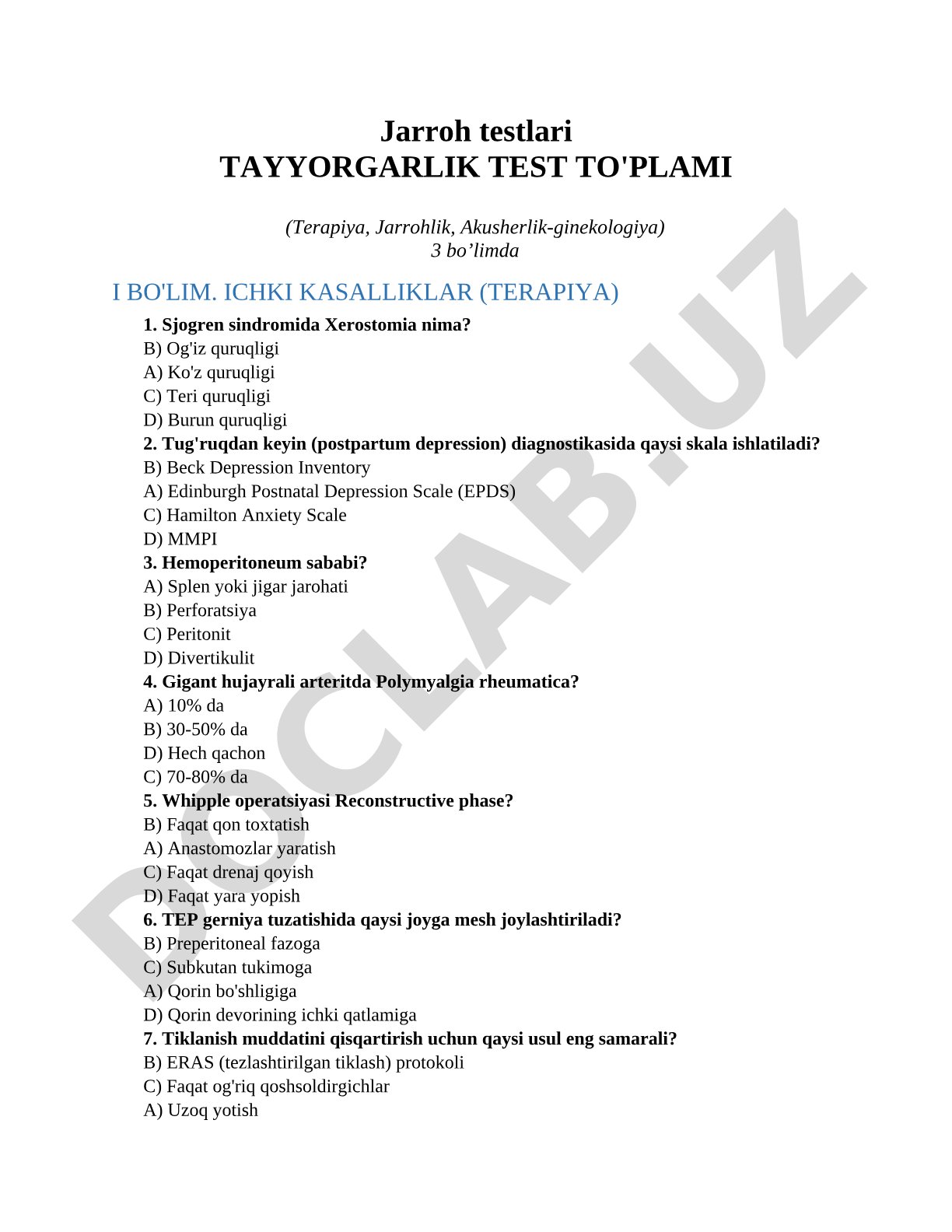 Jarroh testlari tayyorgarlik test to'plami (Terapiya, Jarrohlik, Akusherlik-ginekologiya)