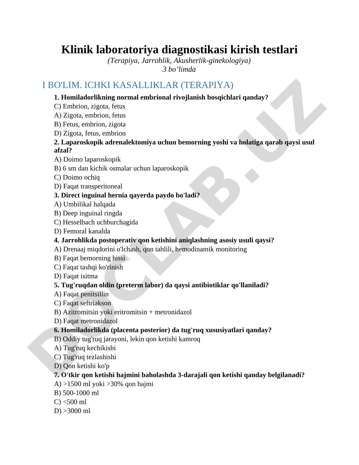 Klinik laboratoriya diagnostikasi kirish testlari (Terapiya, Jarrohlik, Akusherlik-ginekologiya)