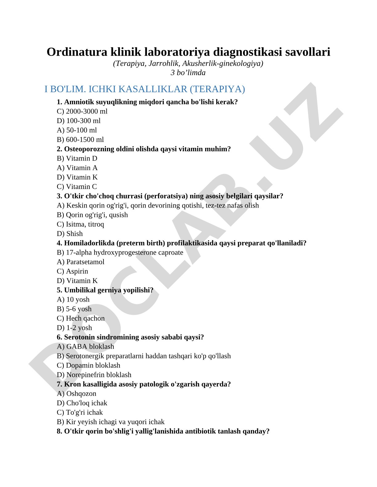 Ordinatura klinik laboratoriya diagnostikasi savollari (Terapiya, Jarrohlik, Akusherlik-ginekologiya)