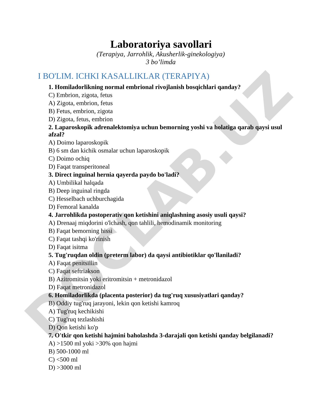Laboratoriya savollari (Terapiya, Jarrohlik, Akusherlik-ginekologiya)