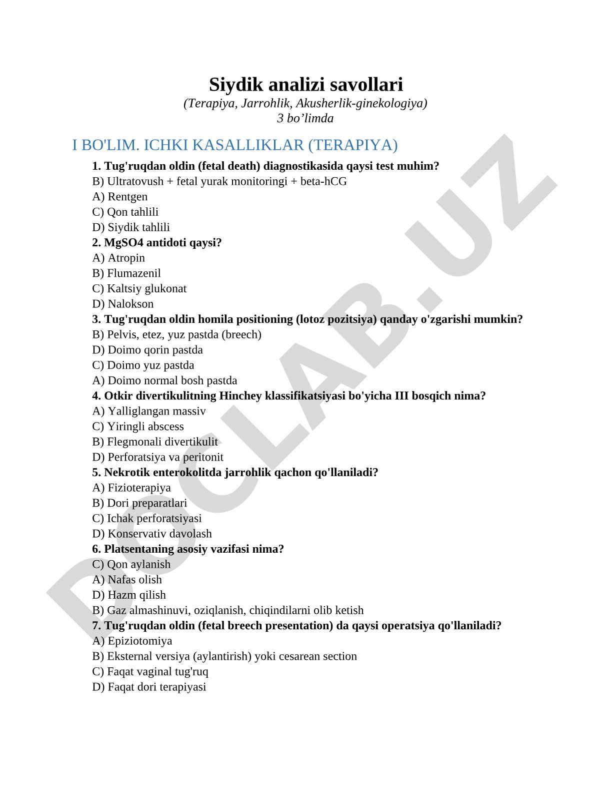 Siydik analizi savollari (Terapiya, Jarrohlik, Akusherlik-ginekologiya)
