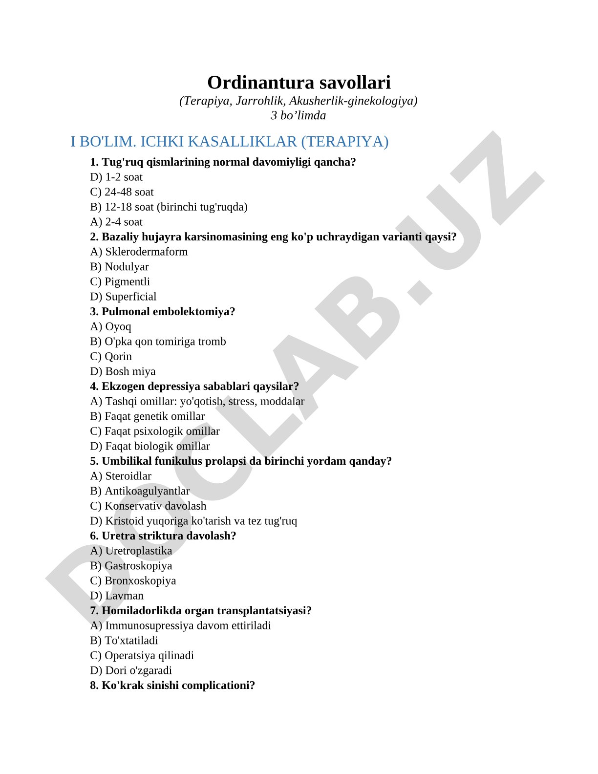 Ordinantura savollari (Terapiya, Jarrohlik, Akusherlik-ginekologiya)