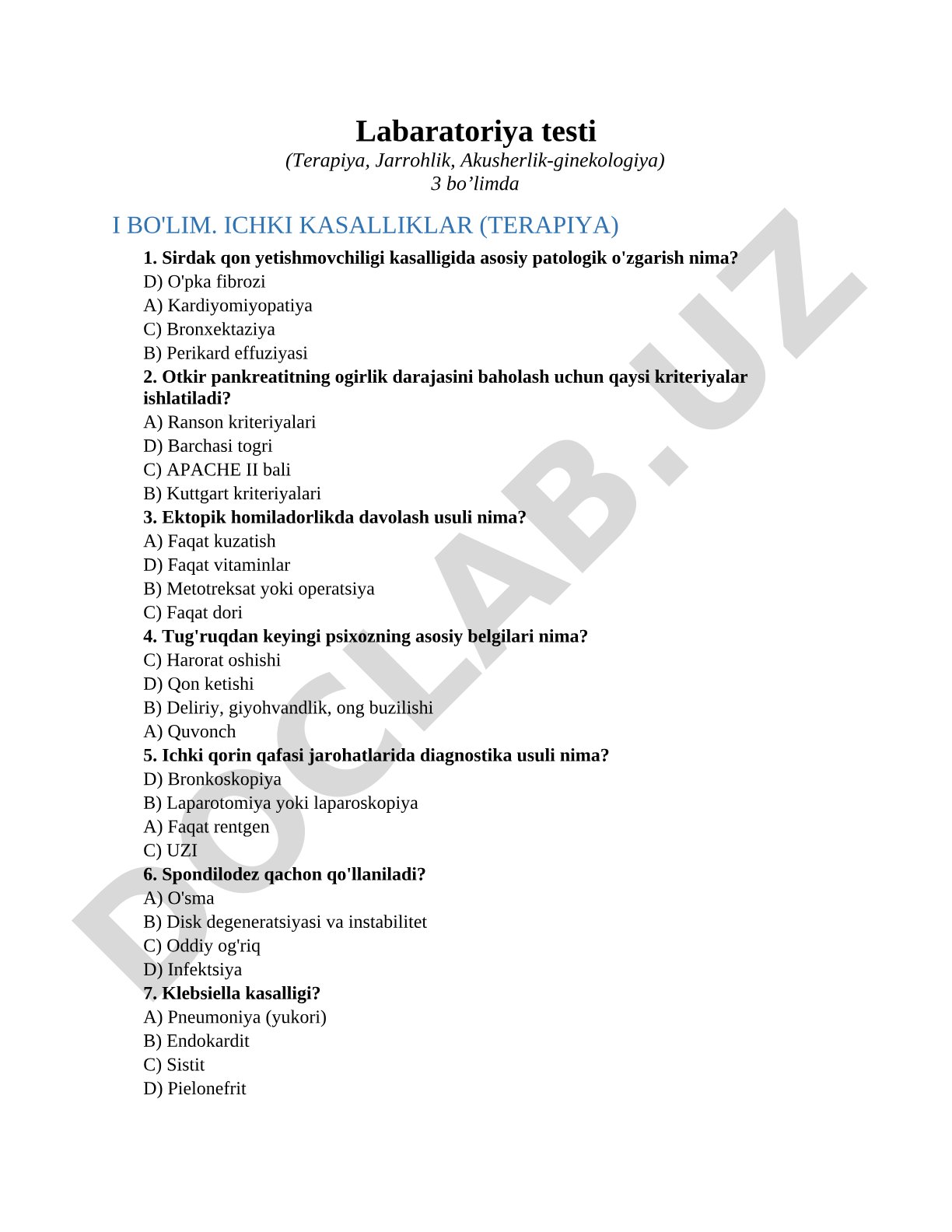 Labaratoriya testi (Terapiya, Jarrohlik, Akusherlik-ginekologiya) 3 bo'limda