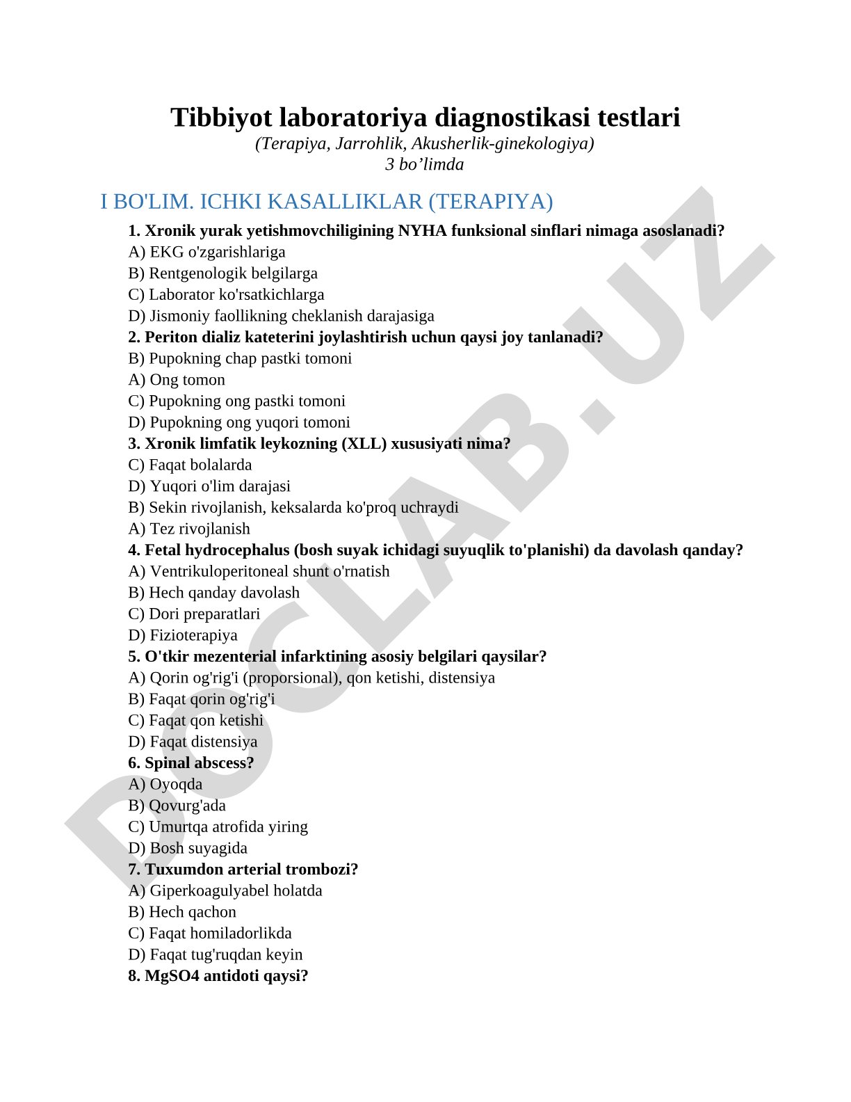 Tibbiyot laboratoriya diagnostikasi testlari (Terapiya, Jarrohlik, Akusherlik-ginekologiya)
