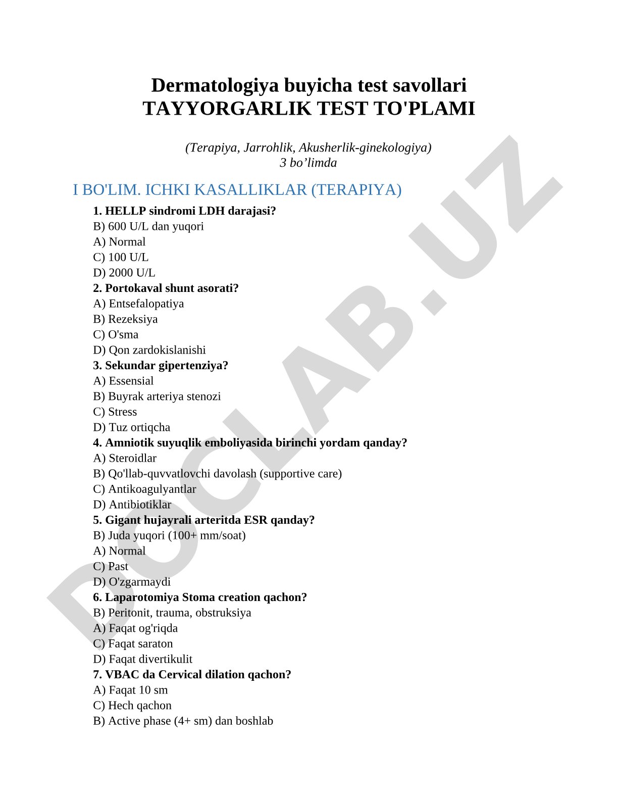 Dermatologiya buyicha test savollari tayyorgarlik test to'plami (Terapiya, Jarrohlik, Akusherlik-ginekologiya)