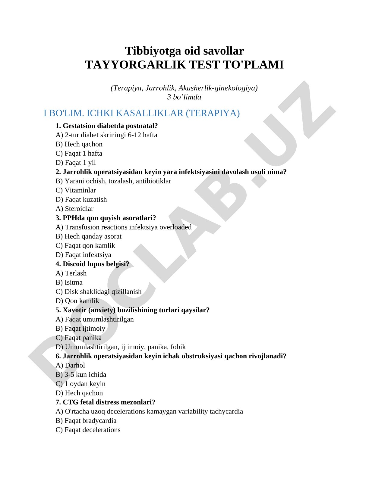 Tibbiyotga oid savollar Tayyorgarlik test to'plami (Terapiya, Jarrohlik, Akusherlik-ginekologiya)