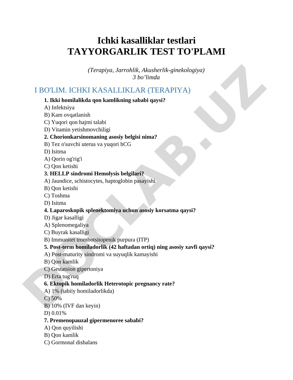Ichki kasalliklar testlari tayyorgarlik test to'plami (Terapiya, Jarrohlik, Akusherlik-ginekologiya)
