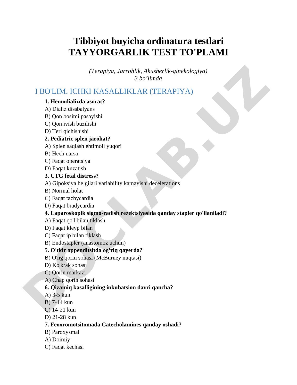 Tibbiyot buyicha ordinatura testlari Tayyorgarlik test to'plami (Terapiya, Jarrohlik, Akusherlik-ginekologiya)