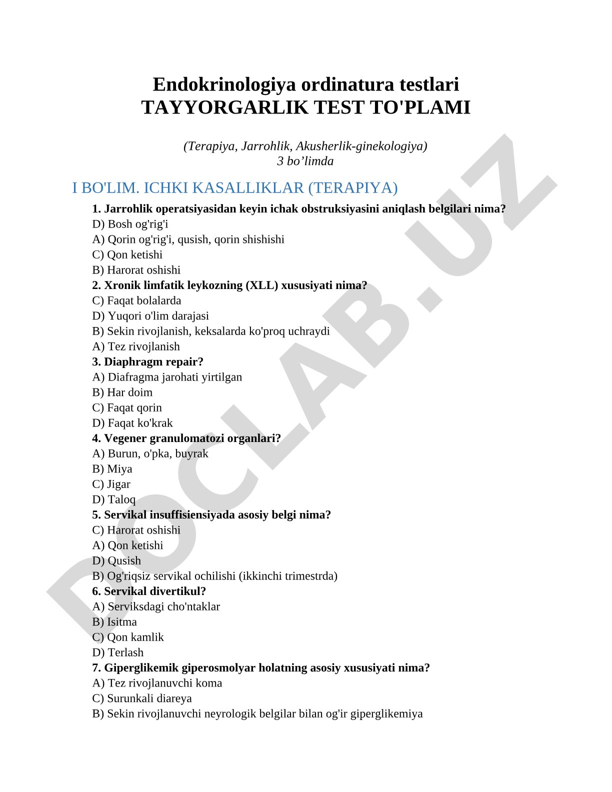 Endokrinologiya ordinatura testlari tayyorgarlik test to'plami (Terapiya, Jarrohlik, Akusherlik-ginekologiya)