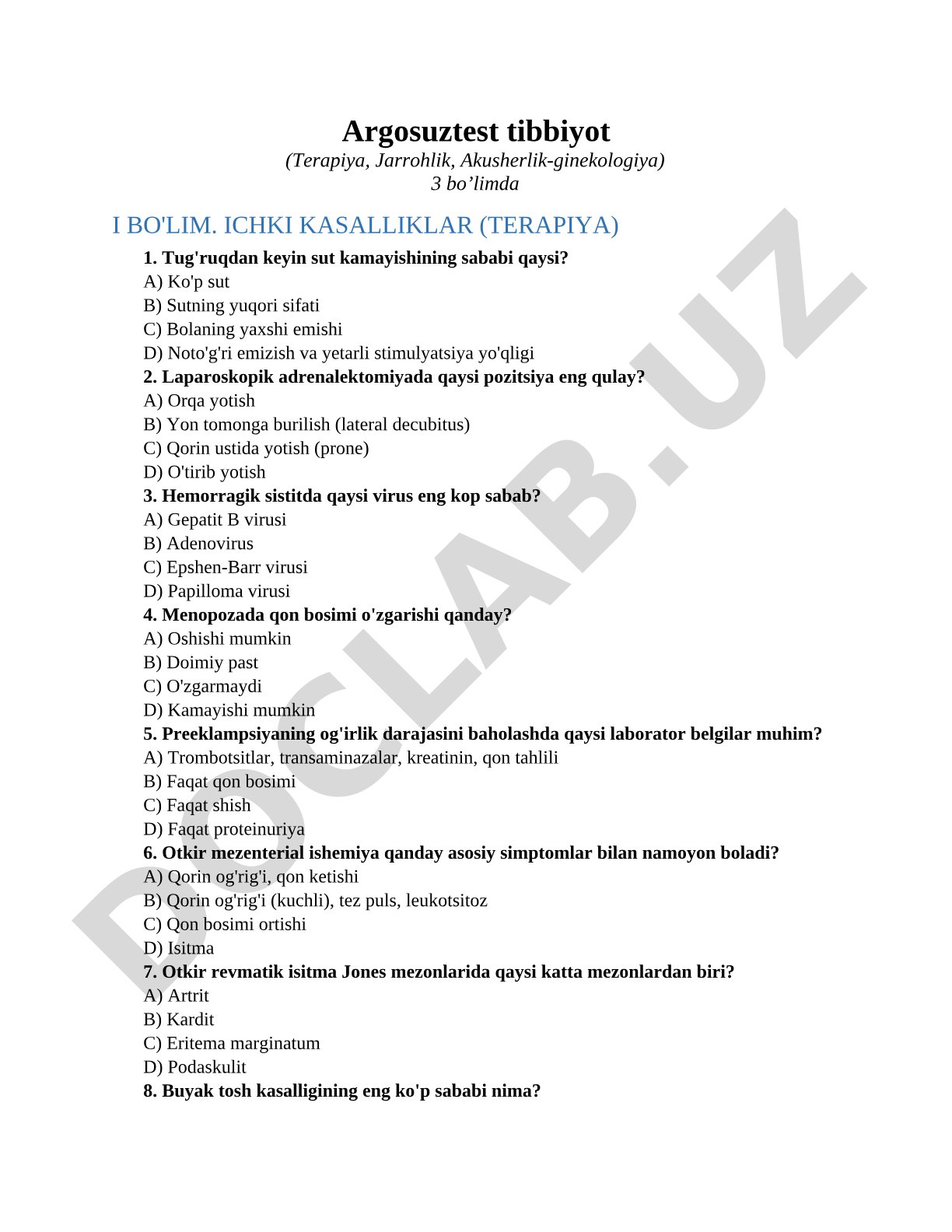 Argosuztest tibbiyot (Terapiya, Jarrohlik, Akusherlik-ginekologiya)