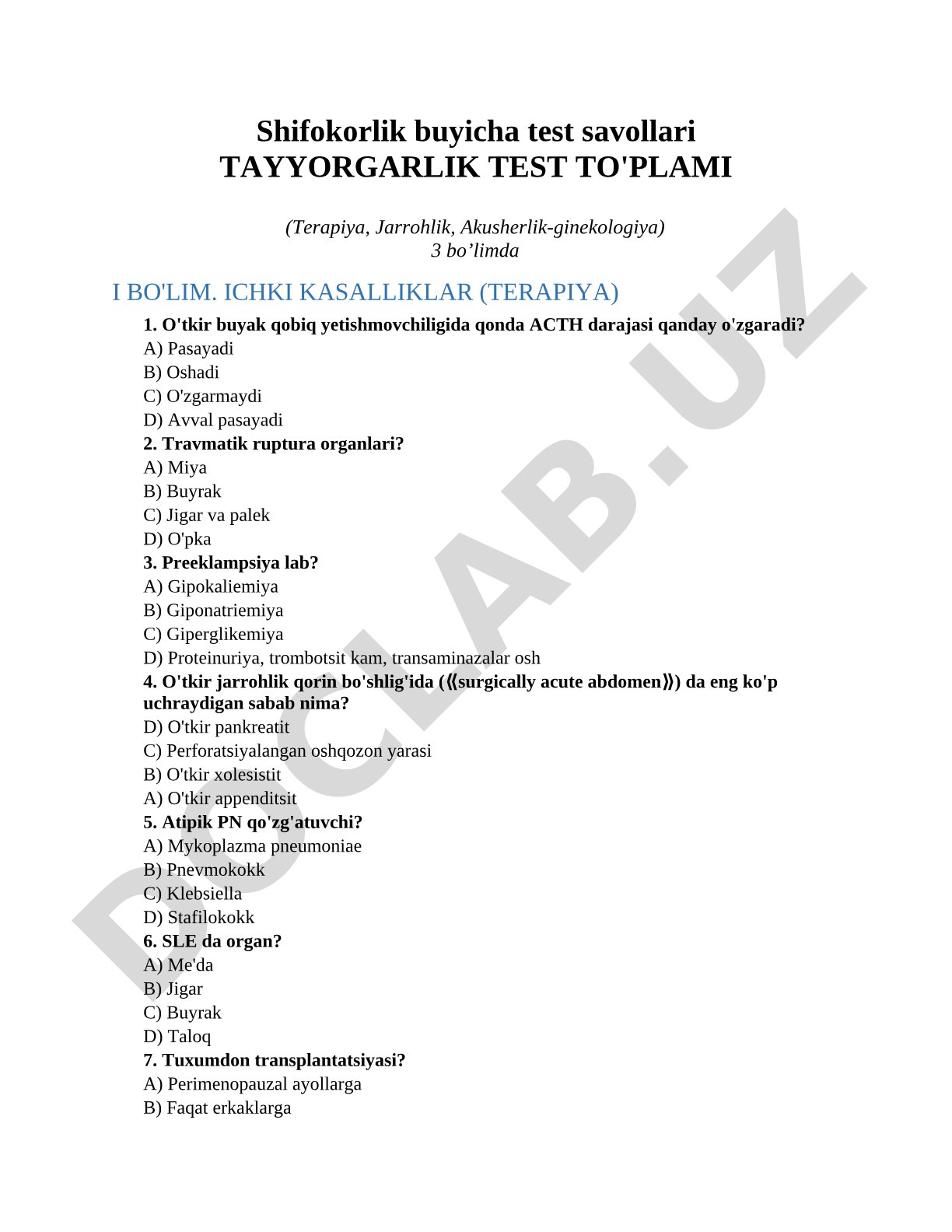 Shifokorlik buyicha test savollari Tayyorgarlik test to'plami (Terapiya, Jarrohlik, Akusherlik-ginekologiya)