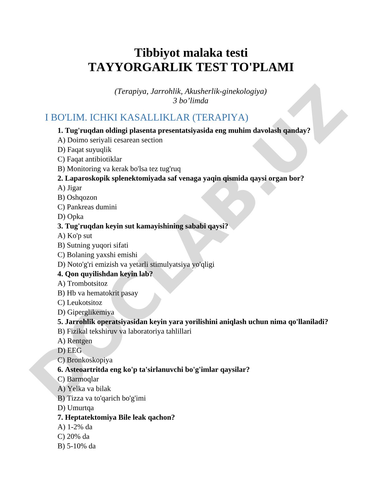Tibbiyot Malaka Testi Tayyorgarlik Test To'plami (Terapiya, Jarrohlik, Akusherlik-ginekologiya)