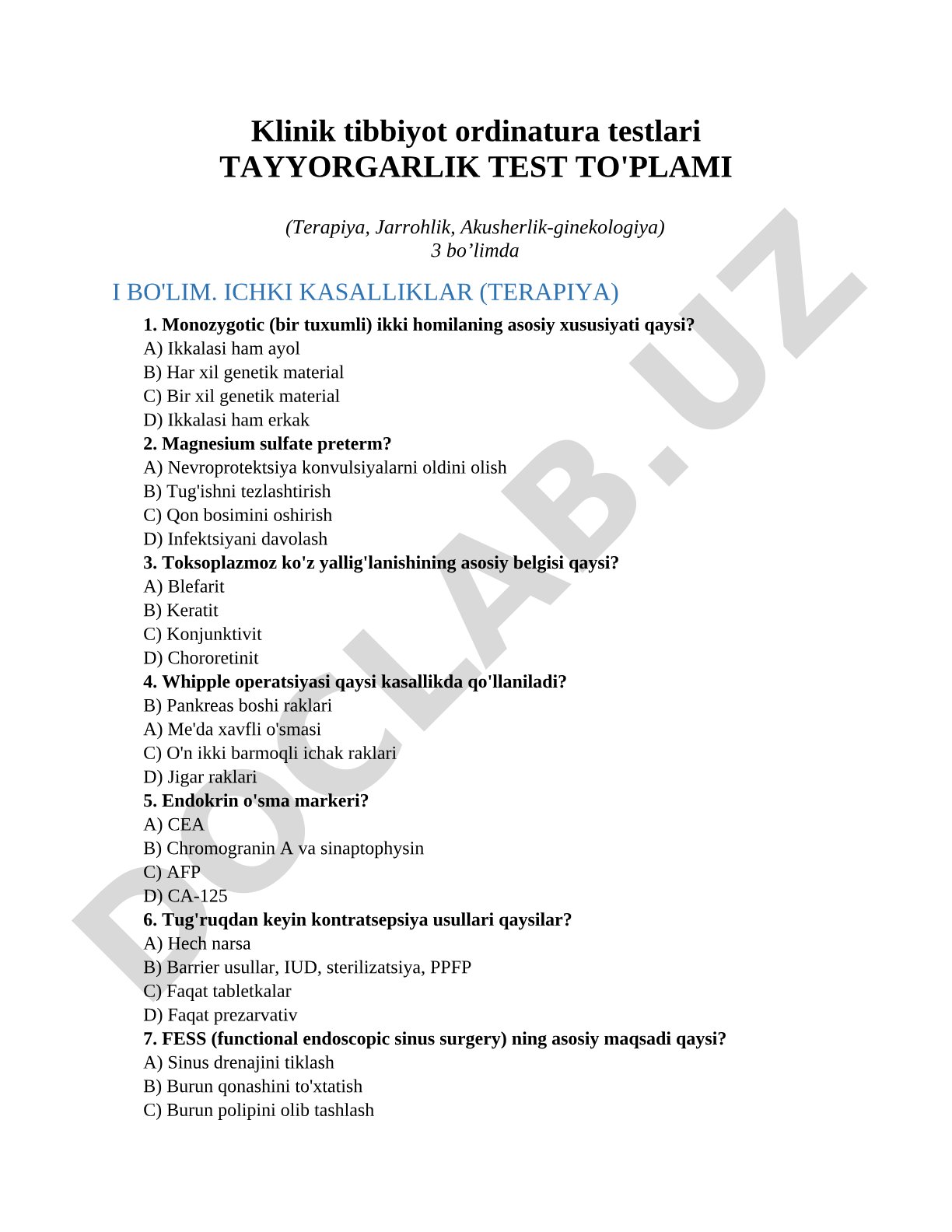 Klinik tibbiyot ordinatura testlari tayyorgarlik test to'plami (Terapiya, Jarrohlik, Akusherlik-ginekologiya)